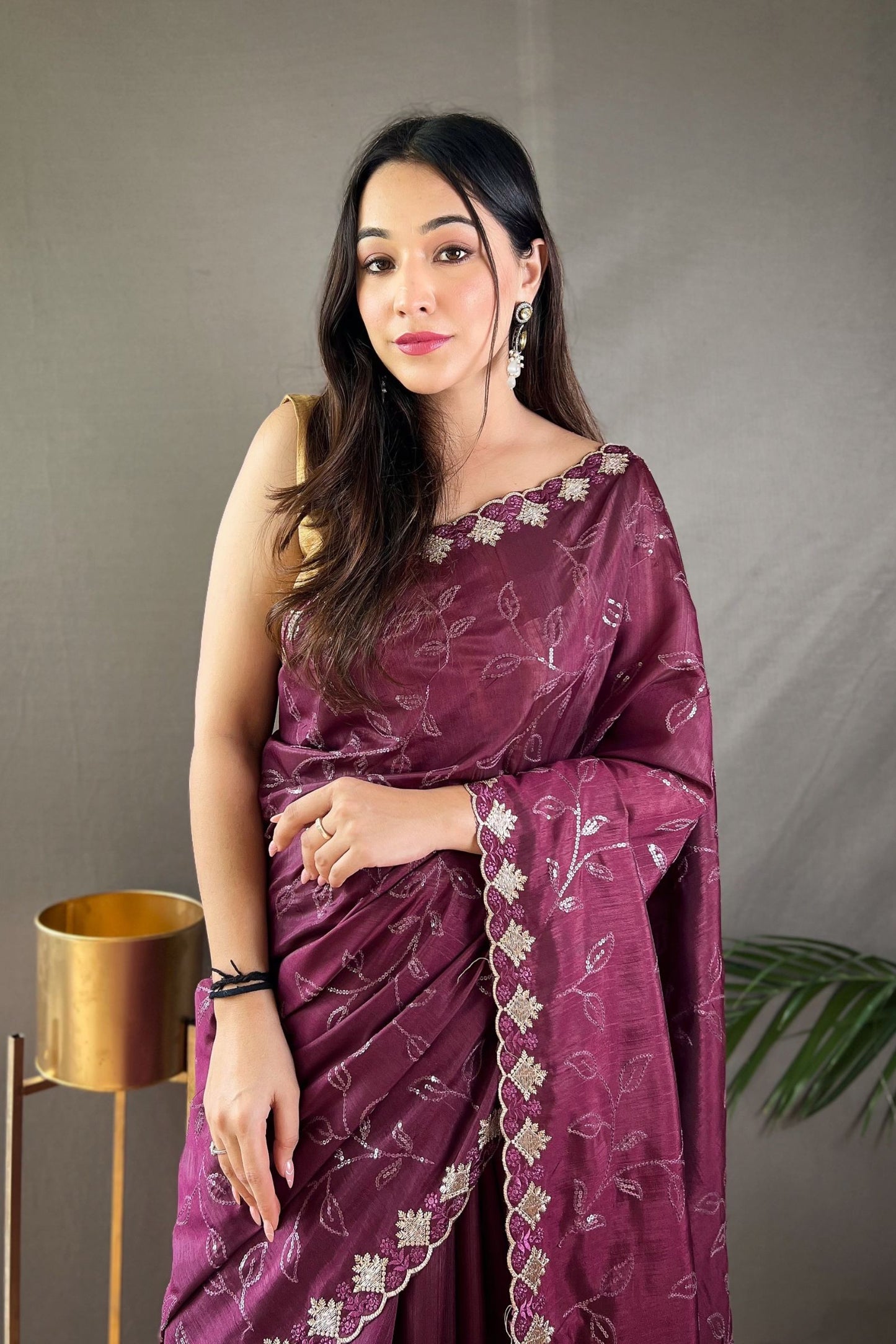 Wine Sequins Work Silk Saree with Embroidered Border