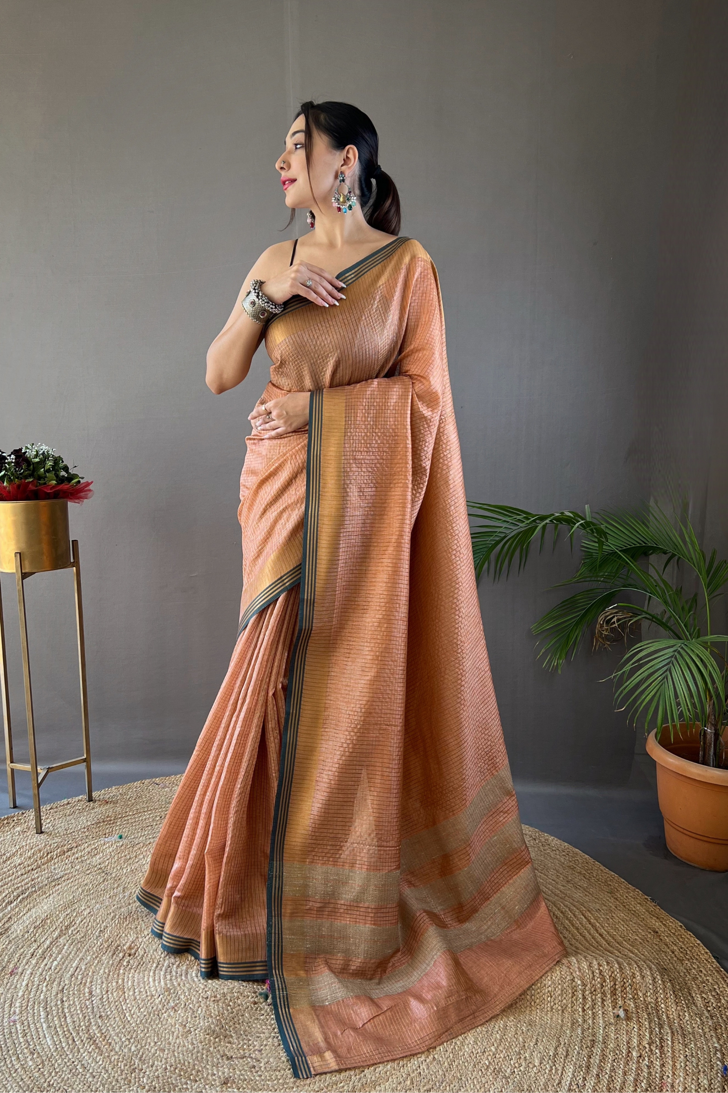 Peach Soft Silk Saree with Zari Work