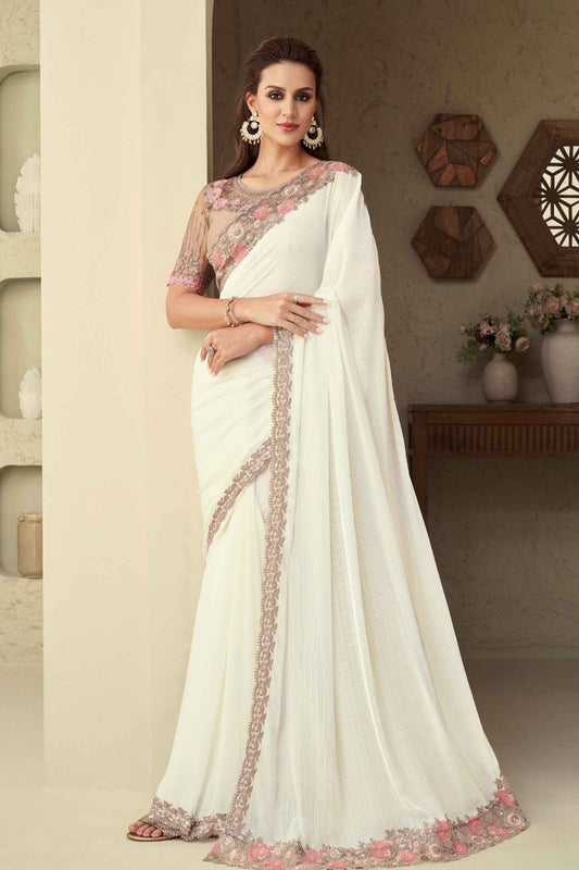 Ivory Milano Silk Saree With Embroidery Work