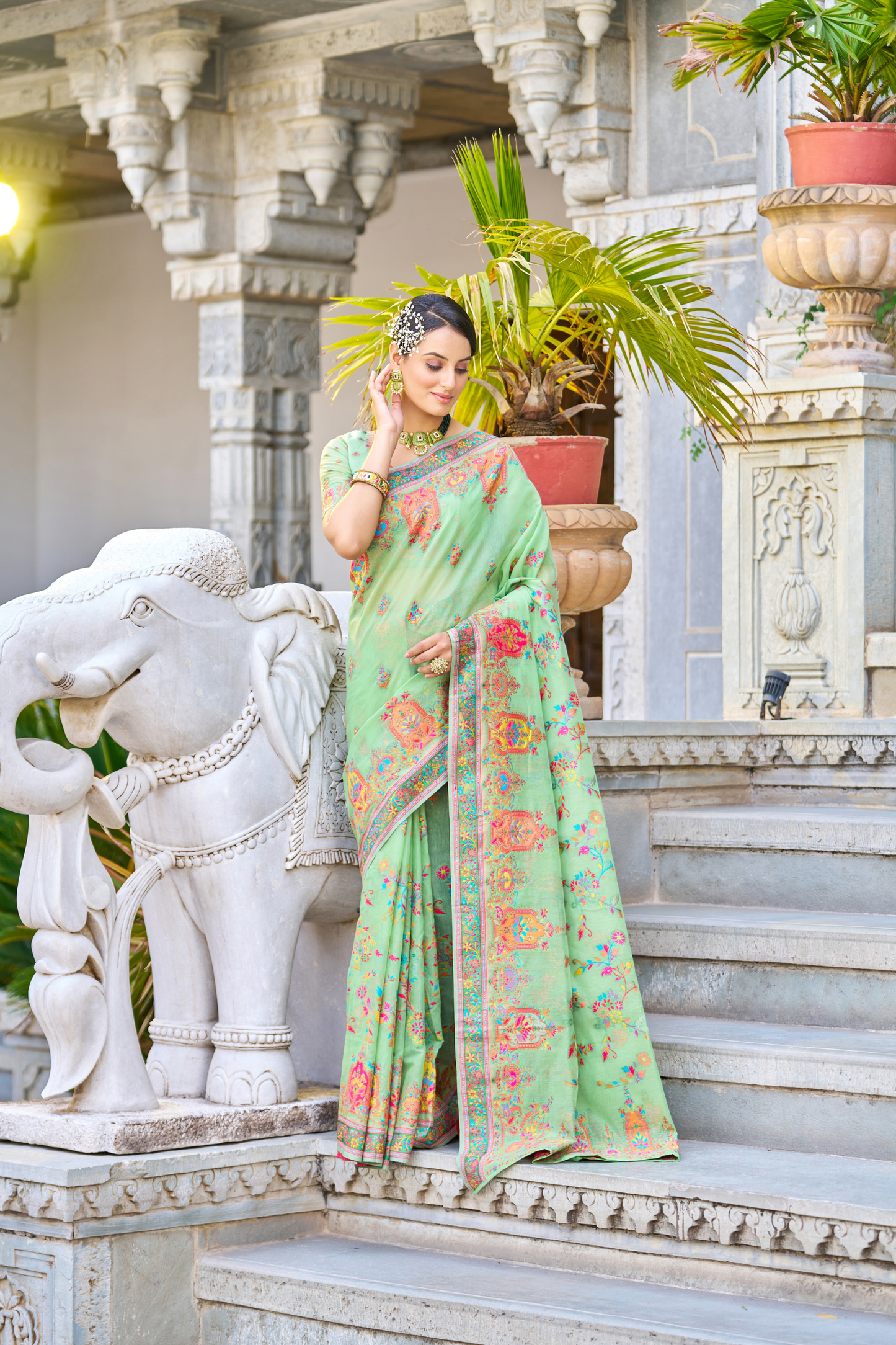 Mint Green Cotton Pashmina Silk Saree with Floral Design