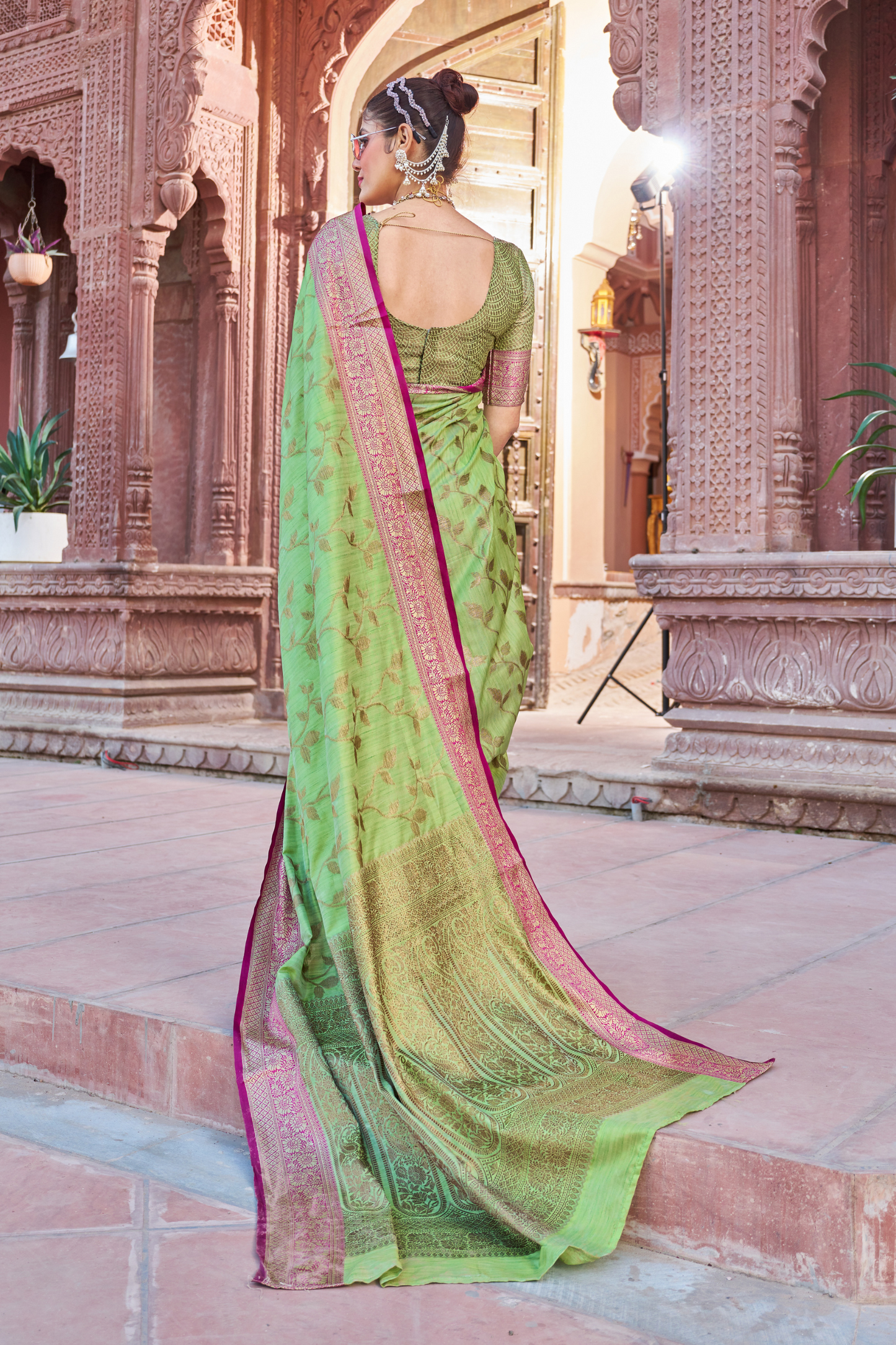 Lime Green Banarasi Pure Satin Silk with Graceful Zari Work Border