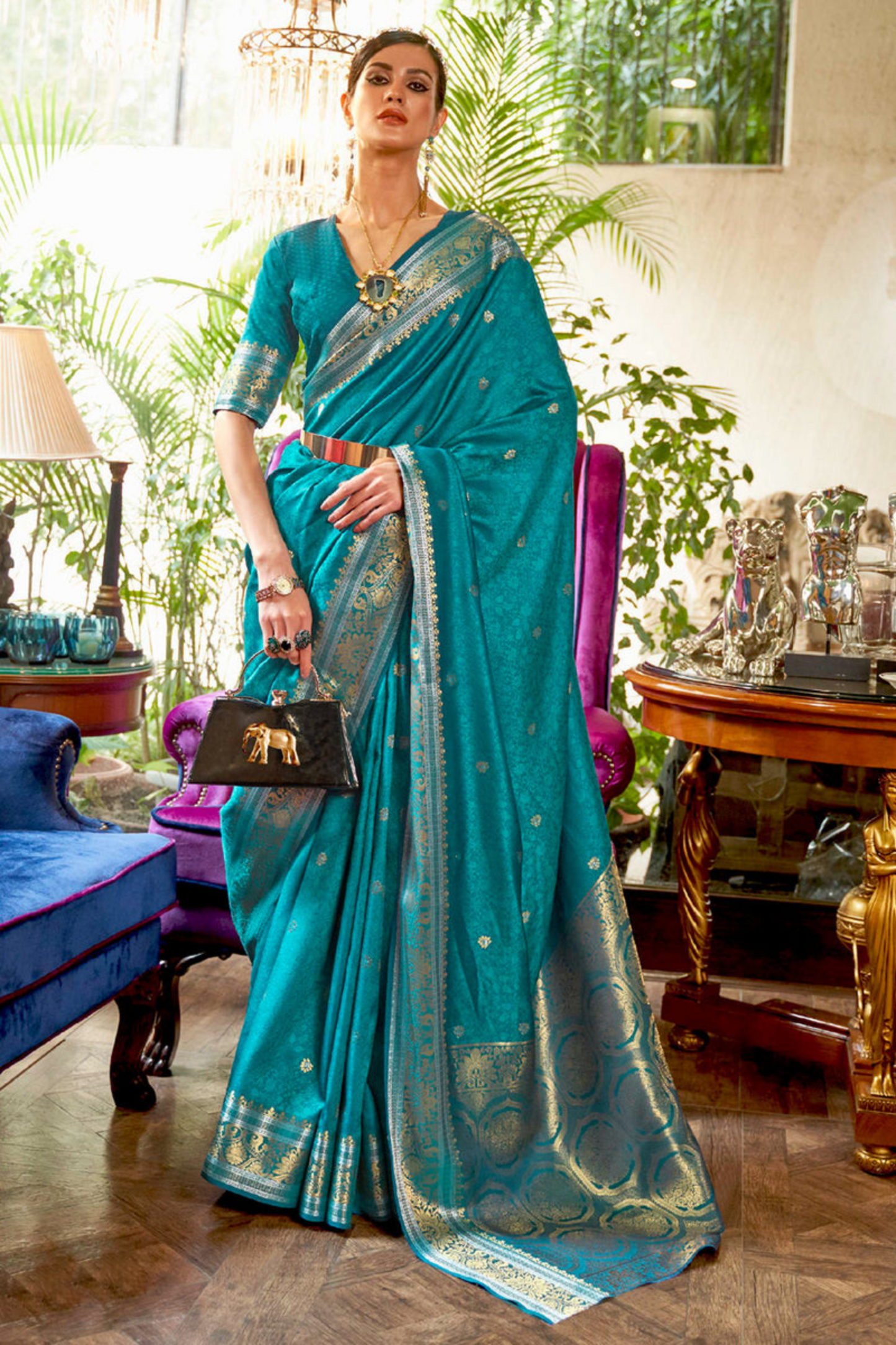 Firozi & Gold- Pure Banarasi Silk Saree with Handloom Weaving