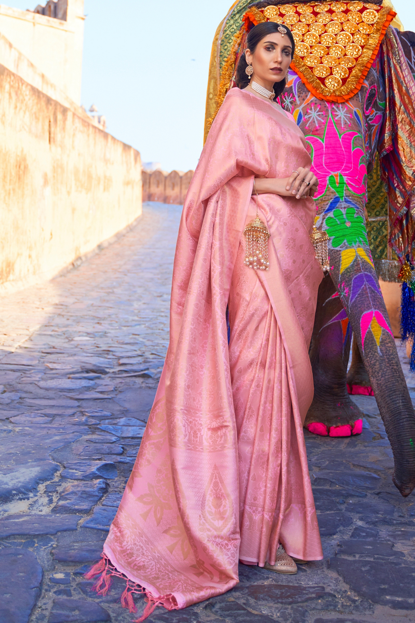 Flamingo Pink Lavish Banarasi Handloom Silk Saree with Tassels Pallu