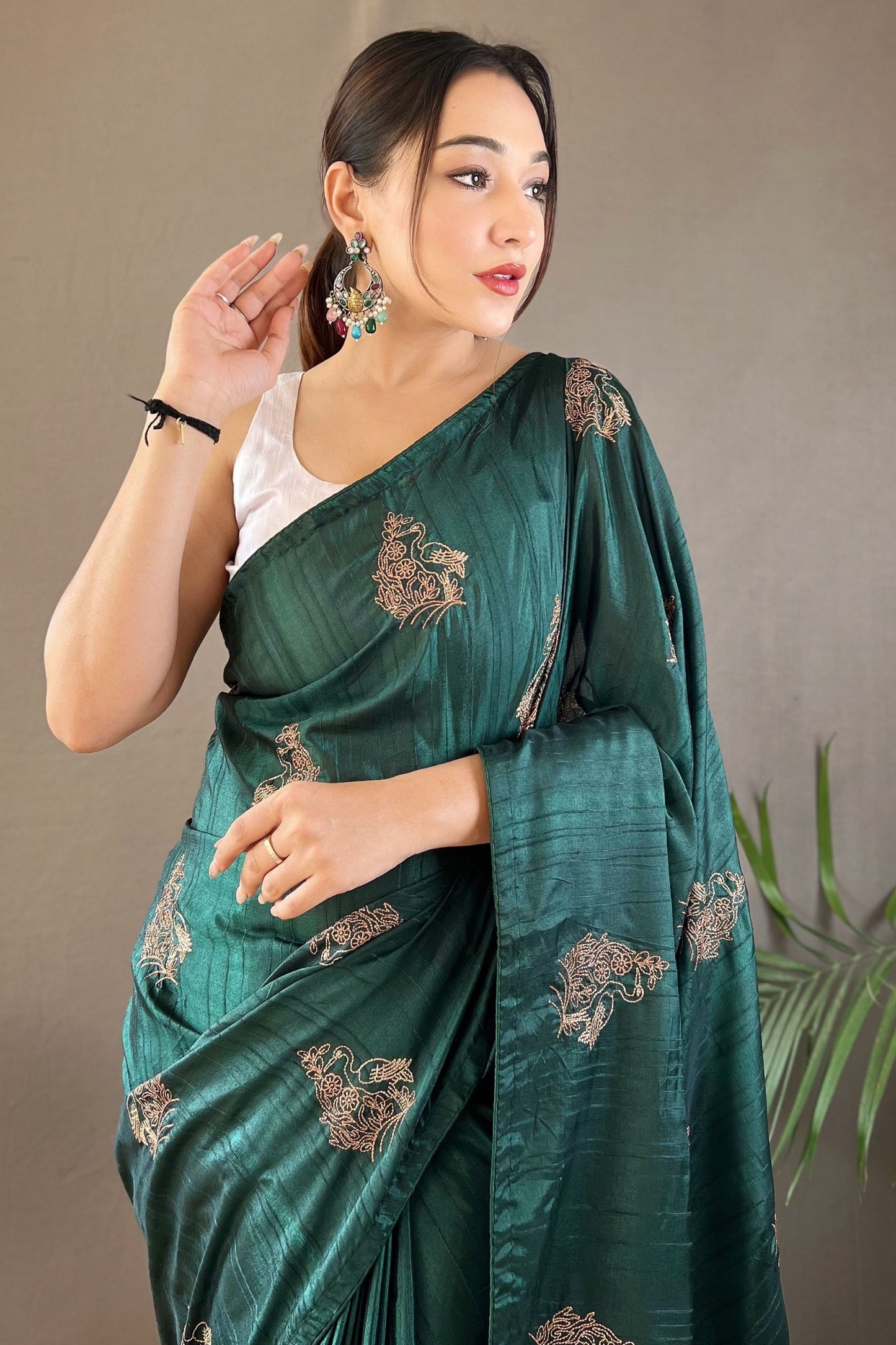 Dark Green Embroidered Art Silk Saree