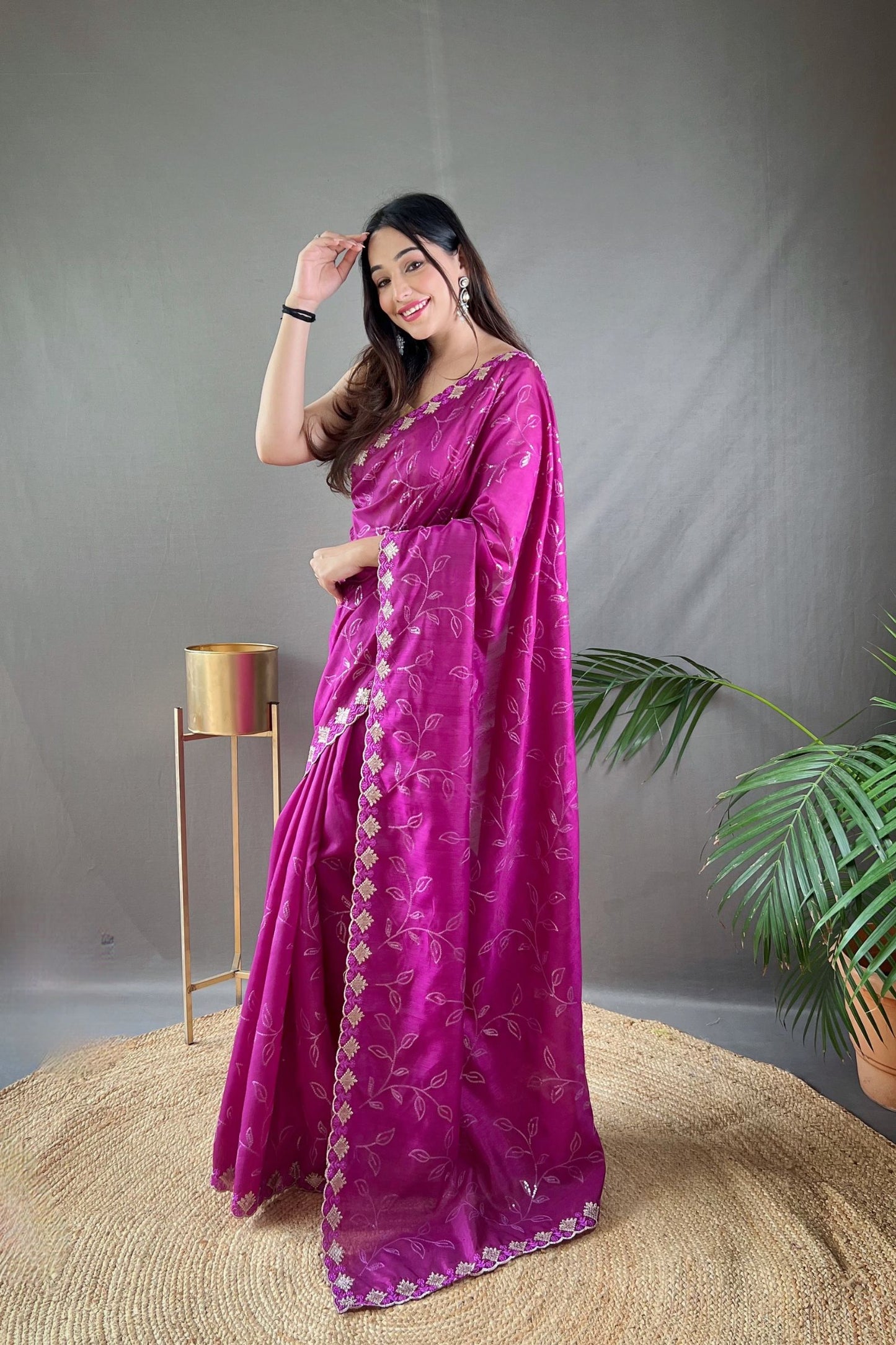 Purple Sequins Work Silk Saree with Embroidered Border