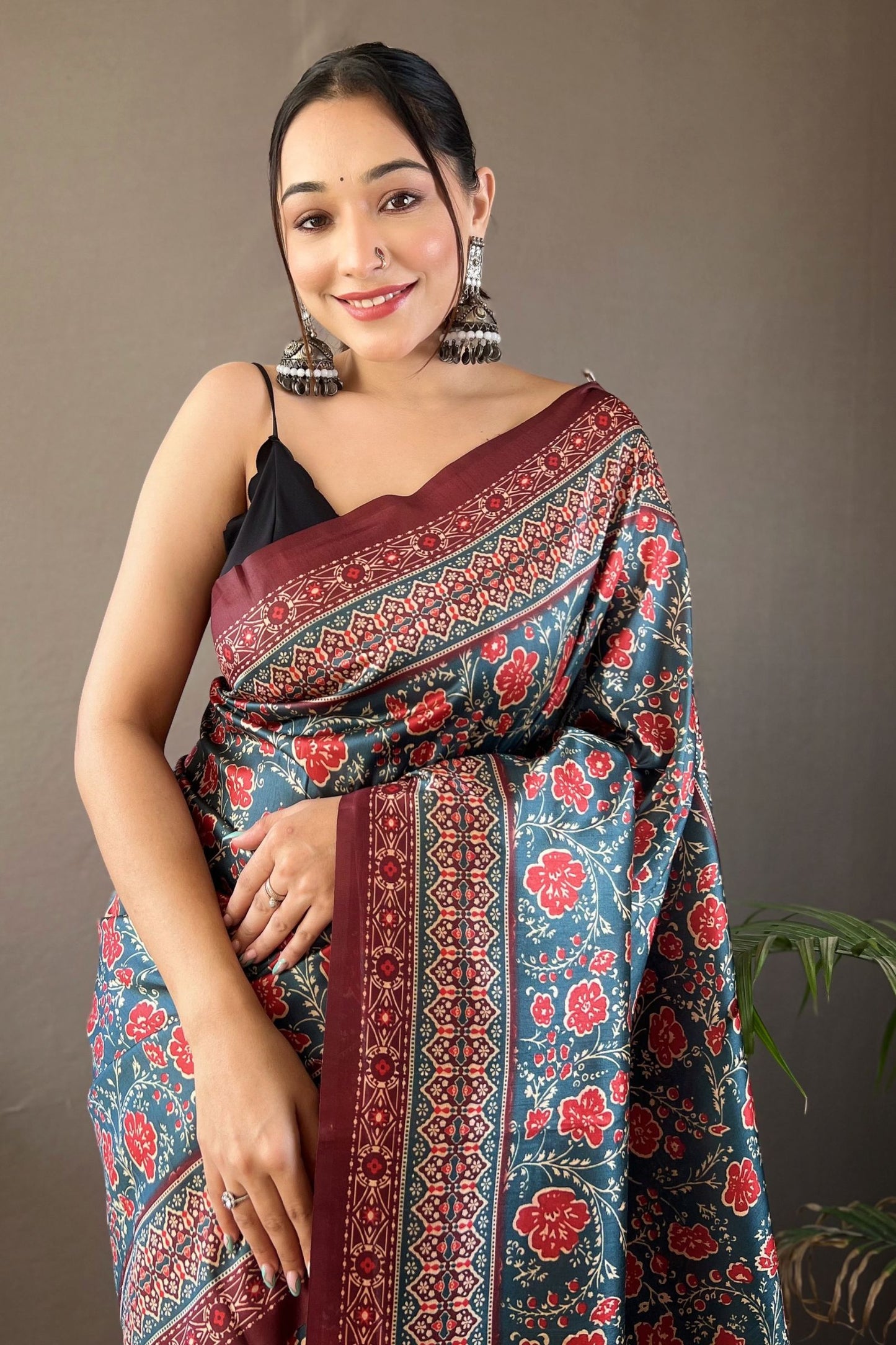 Teal Blue Digital Printed Silk Saree