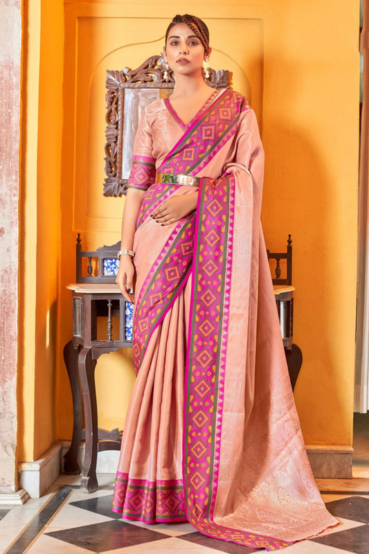 Peach Soft Silk Saree with Geometric Woven Border