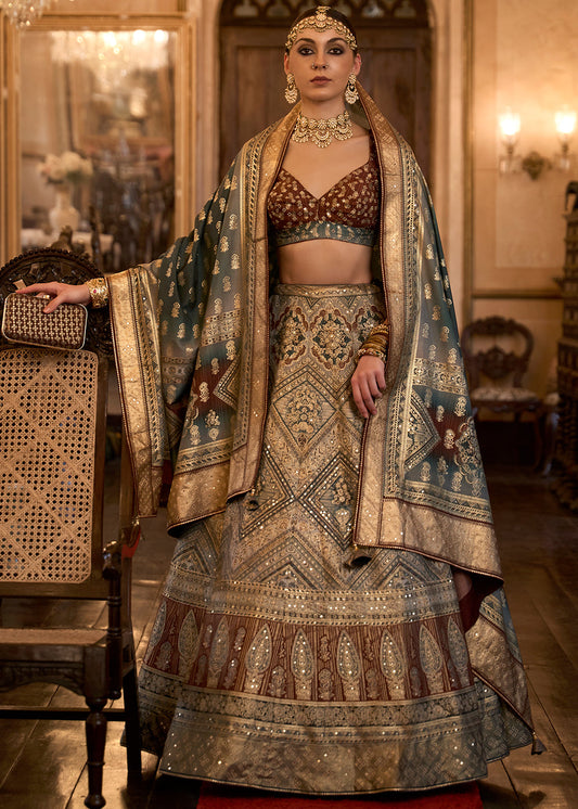 Blue & Brown Ready to Wear Designer Silk Lehenga Choli with Sparkle & Aari Mirror work