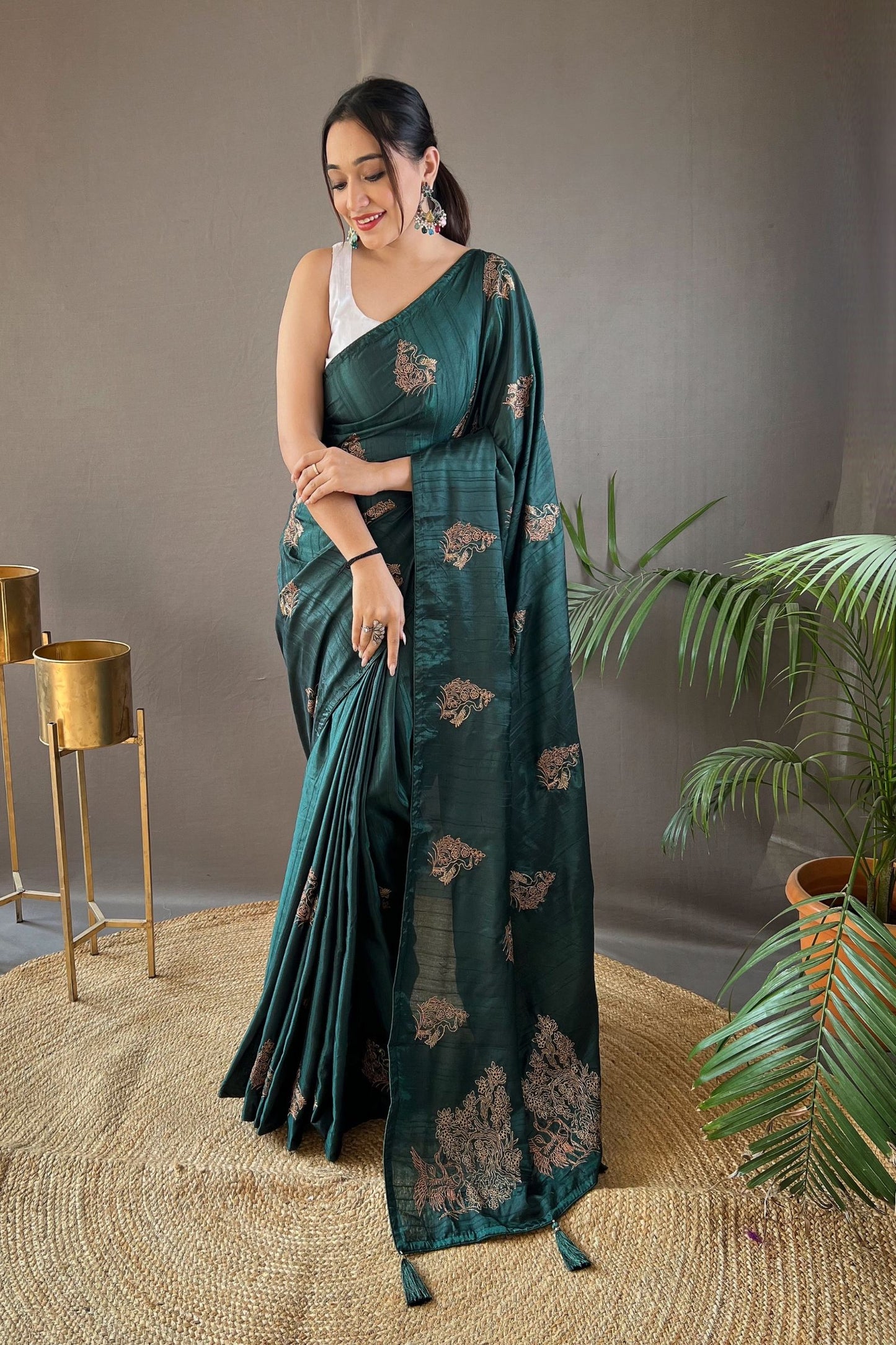 Dark Green Embroidered Art Silk Saree