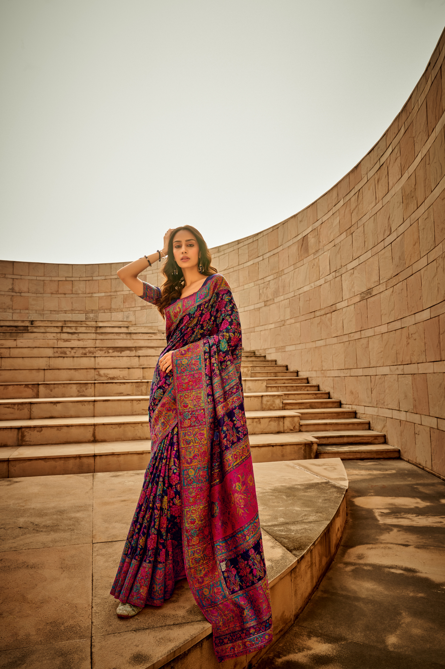 Navy Blue Kashmiri Soft Cotton Pashmina Silk Saree with Floral Print