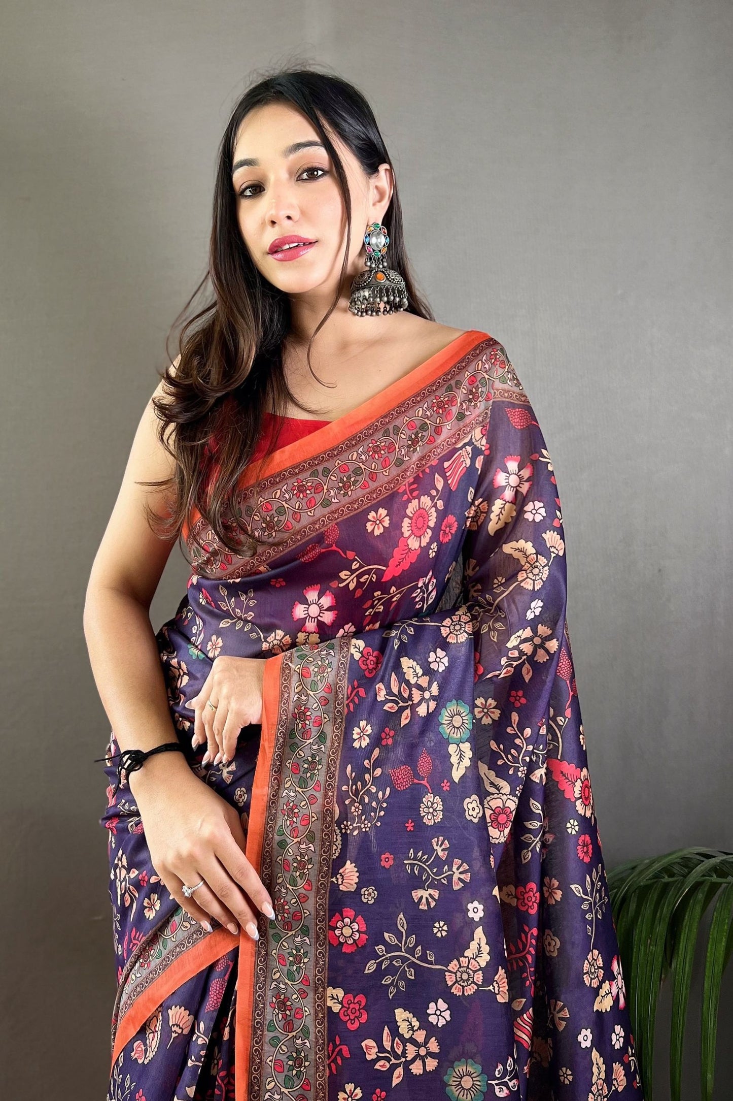 Purple Kalamkari Printed Malai Cotton Saree