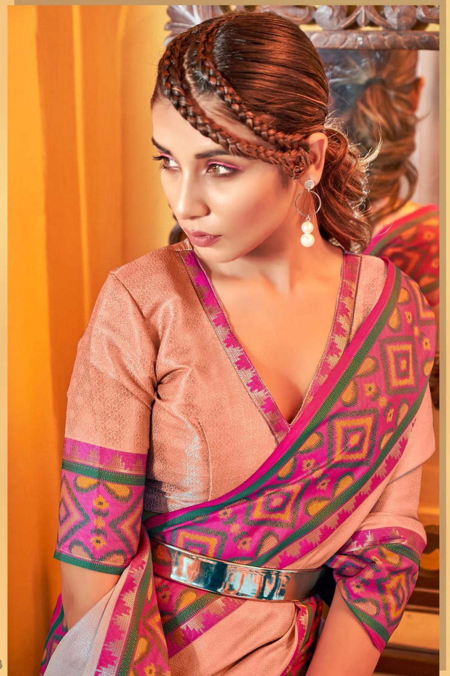 Peach Soft Silk Saree with Geometric Woven Border