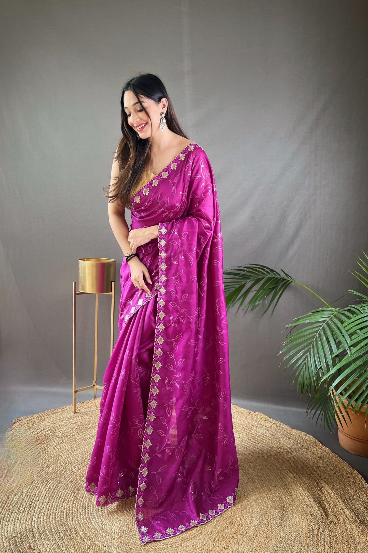 Purple Sequins Work Silk Saree with Embroidered Border