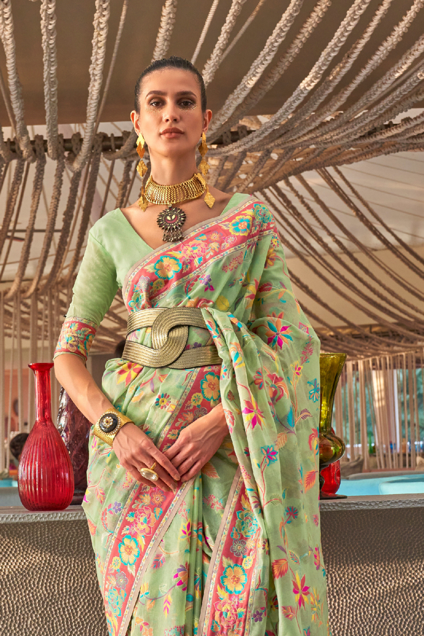 Pistachio Green Kashmiri Cotton Silk Saree with Handloom Weaving