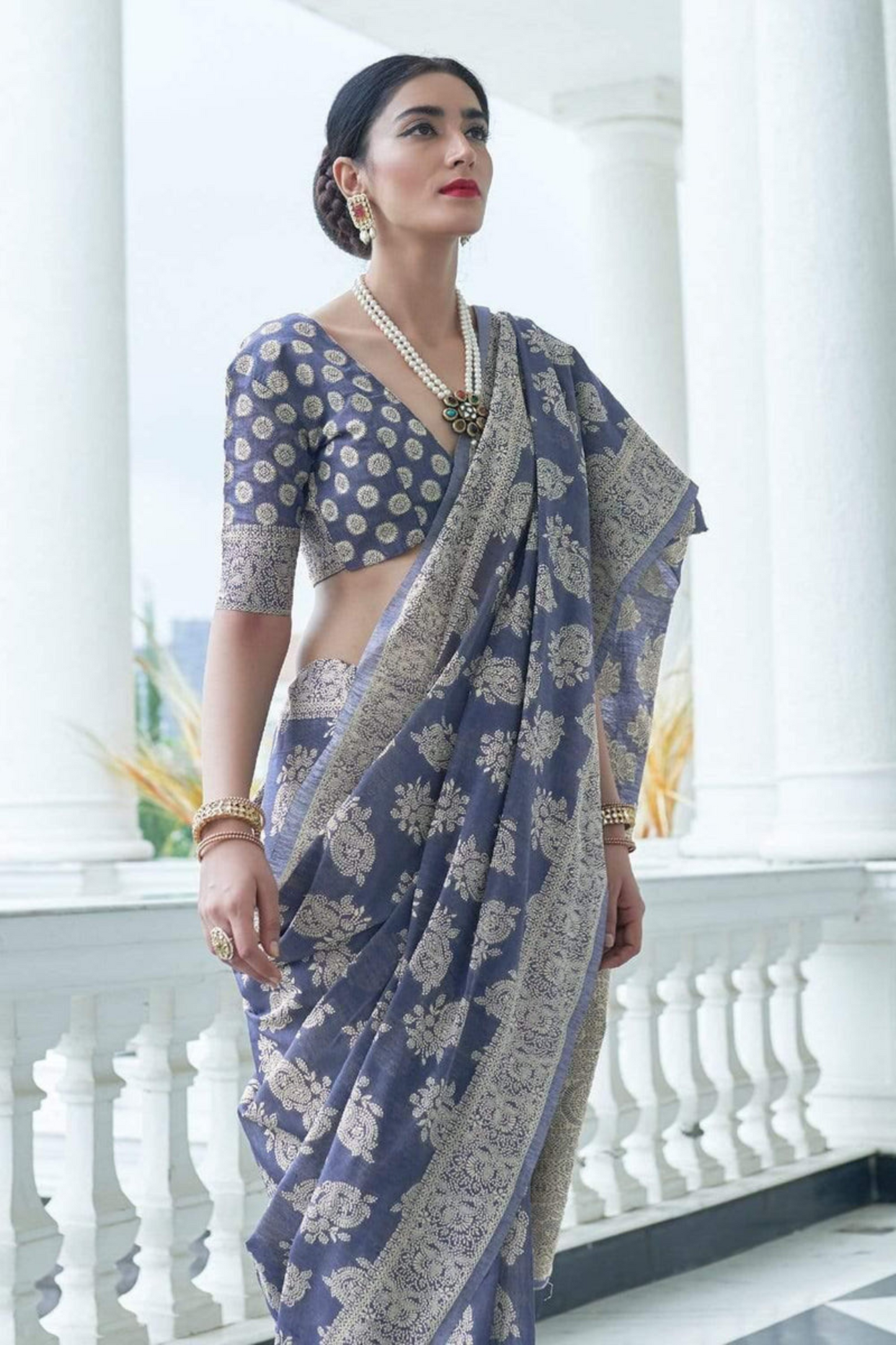 Navy Blue Designer Lucknowi Cotton Saree with Chikankari Work