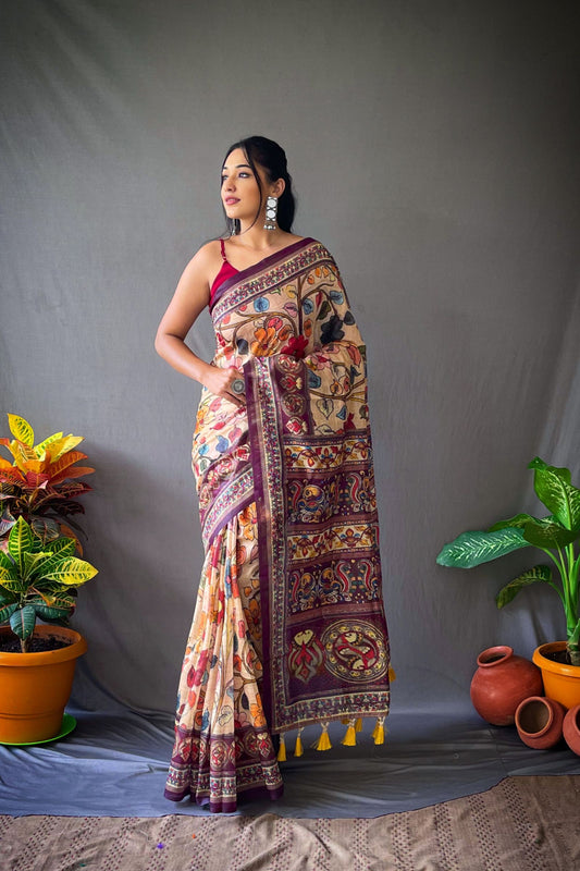 Cream Kalamkari Digital Printed Cotton Saree