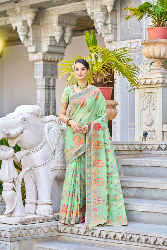 Mint Green Cotton Pashmina Silk Saree with Floral Design