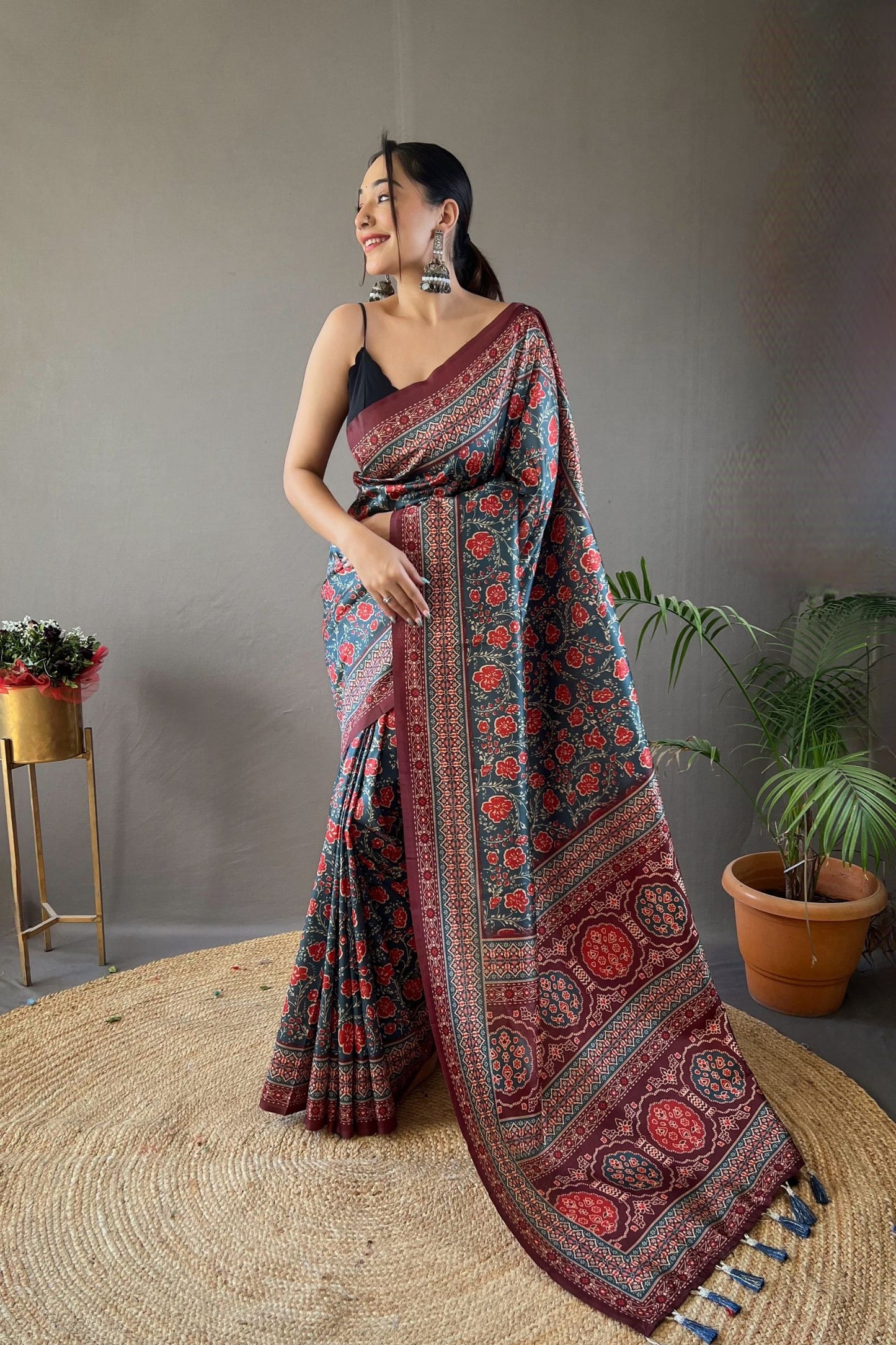 Teal Blue Digital Printed Silk Saree