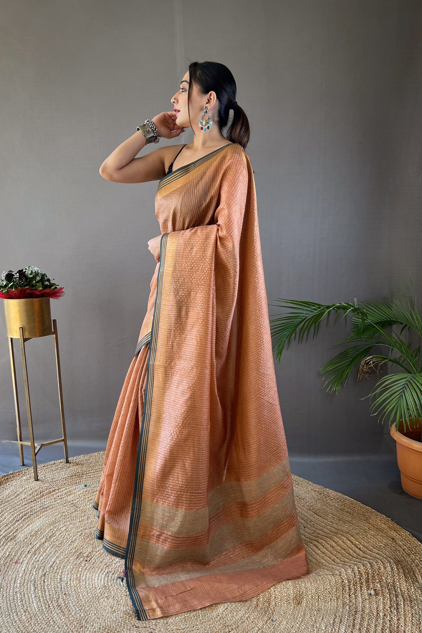 Peach Soft Silk Saree with Zari Work