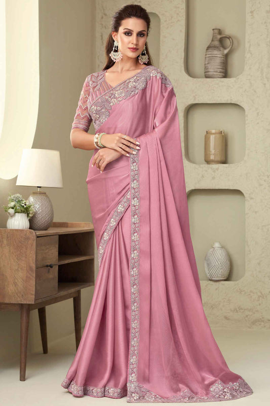 Onion Pink Glorious Silk Saree With Embroidery Work