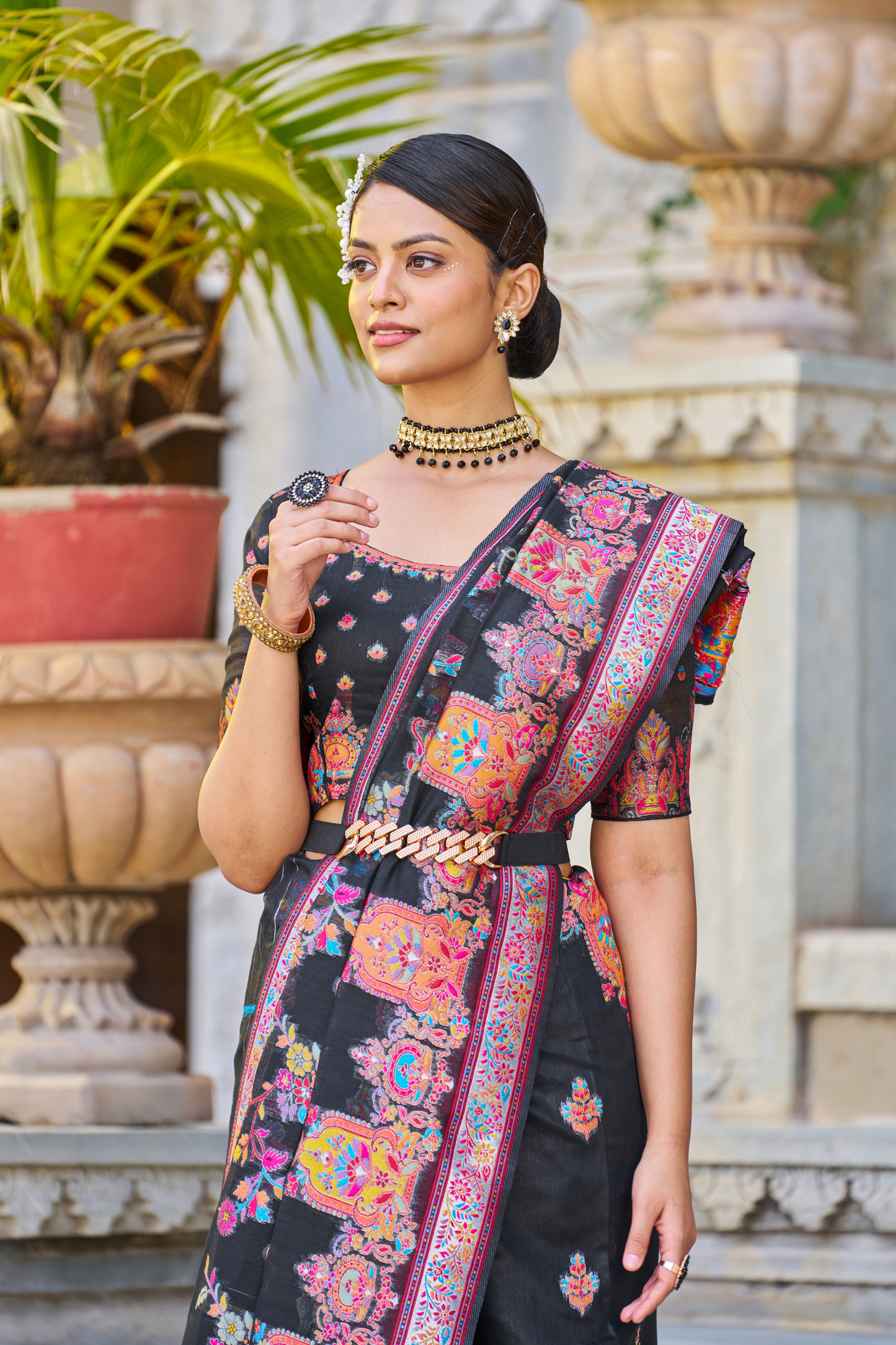 Black Cotton Pashmina Silk Saree with Floral Design