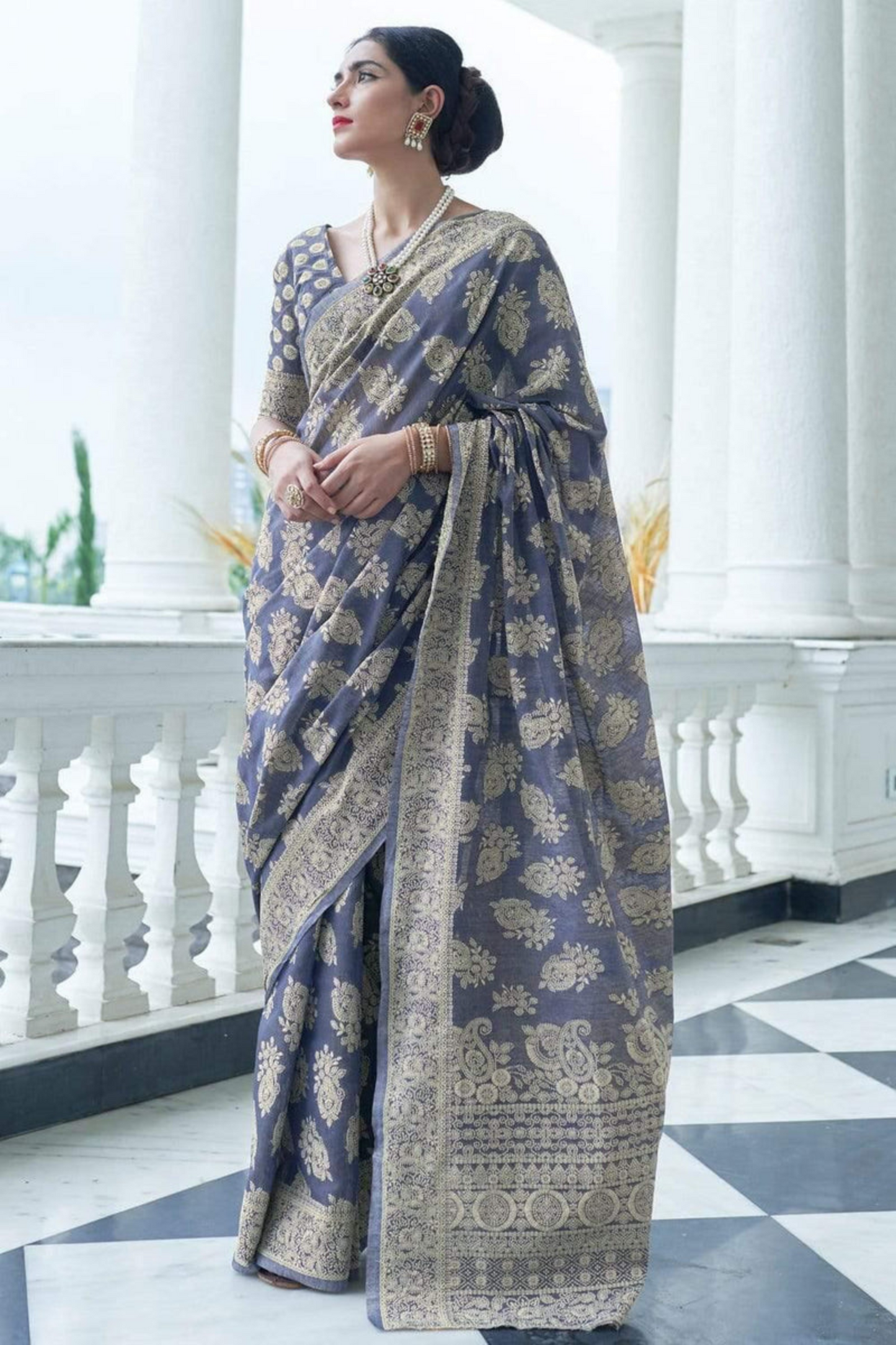 Navy Blue Designer Lucknowi Cotton Saree with Chikankari Work