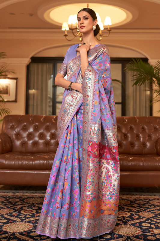 Lavender Cotton Silk Pashmina Sarees with Kashmiri Modal Weaving