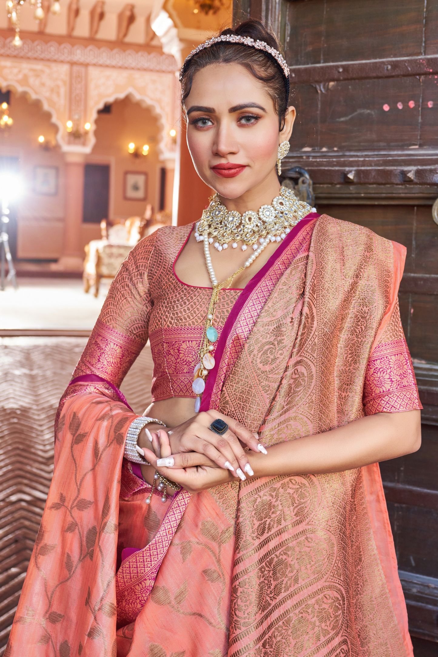 Peach Pink Banarasi Pure Satin Silk with Graceful Zari Work Border