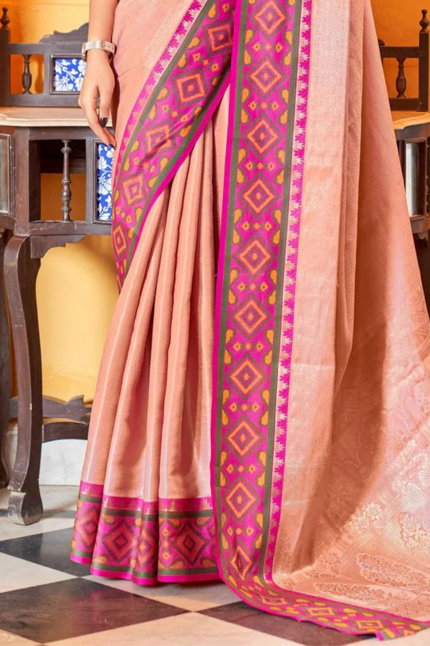 Peach Soft Silk Saree with Geometric Woven Border