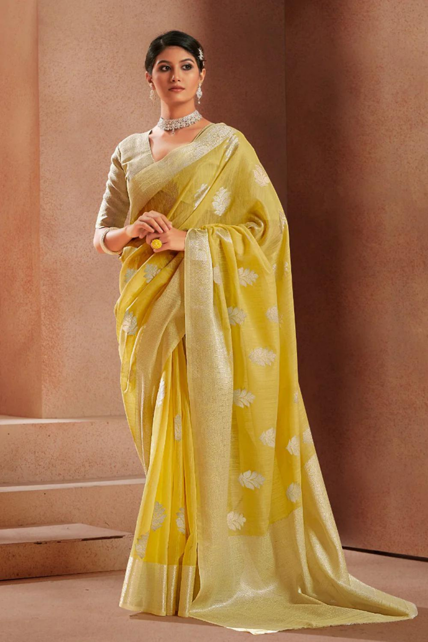 Yellow Linen Silk with Silver Zari Weaving Border