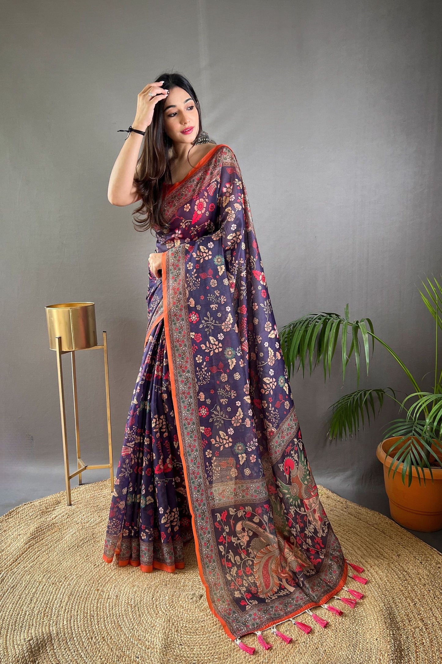 Purple Kalamkari Printed Malai Cotton Saree