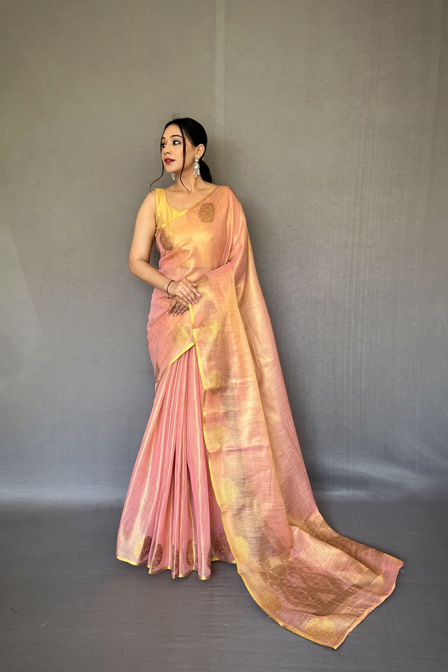 Baby Pink Jacquard Woven Tissue Silk Saree