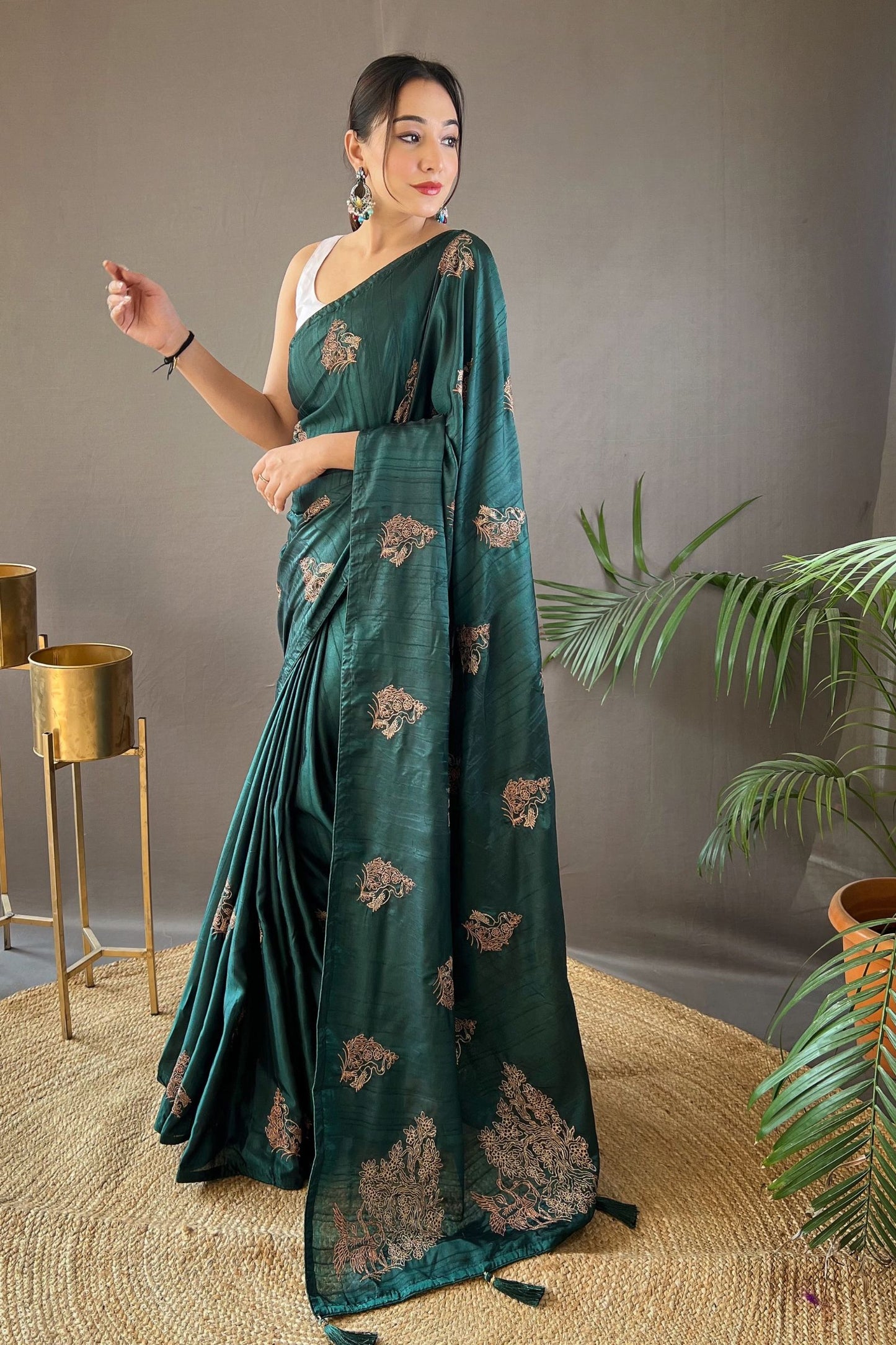 Dark Green Embroidered Art Silk Saree