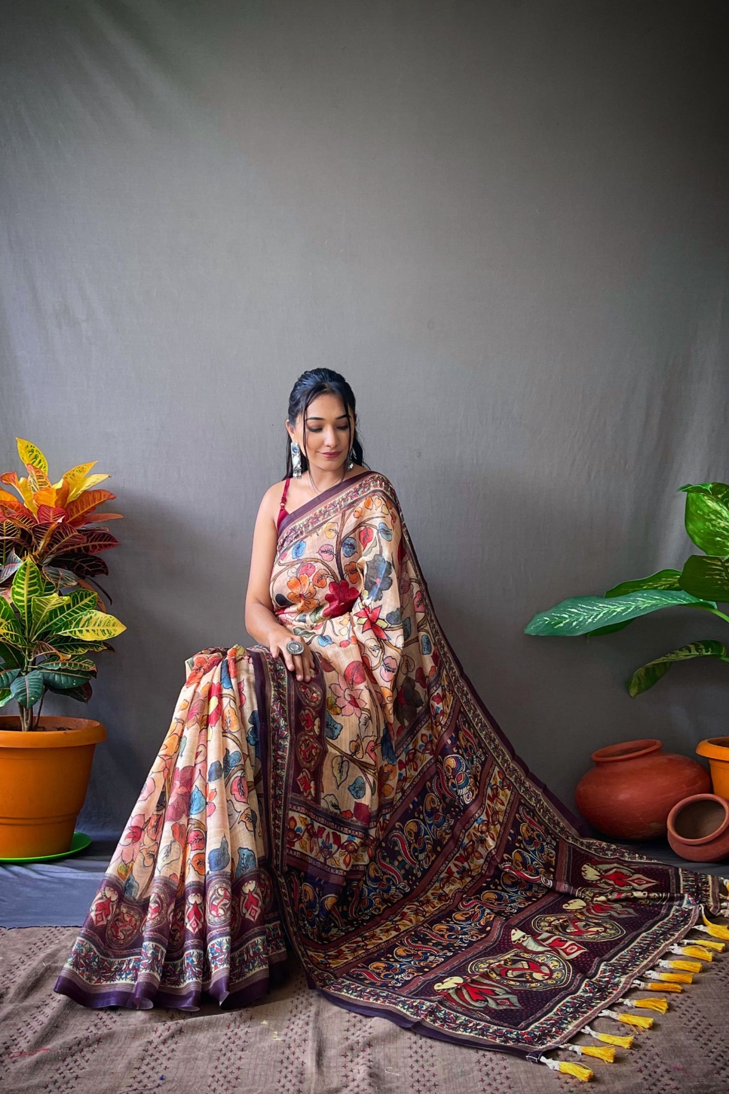 Cream Kalamkari Digital Printed Cotton Saree