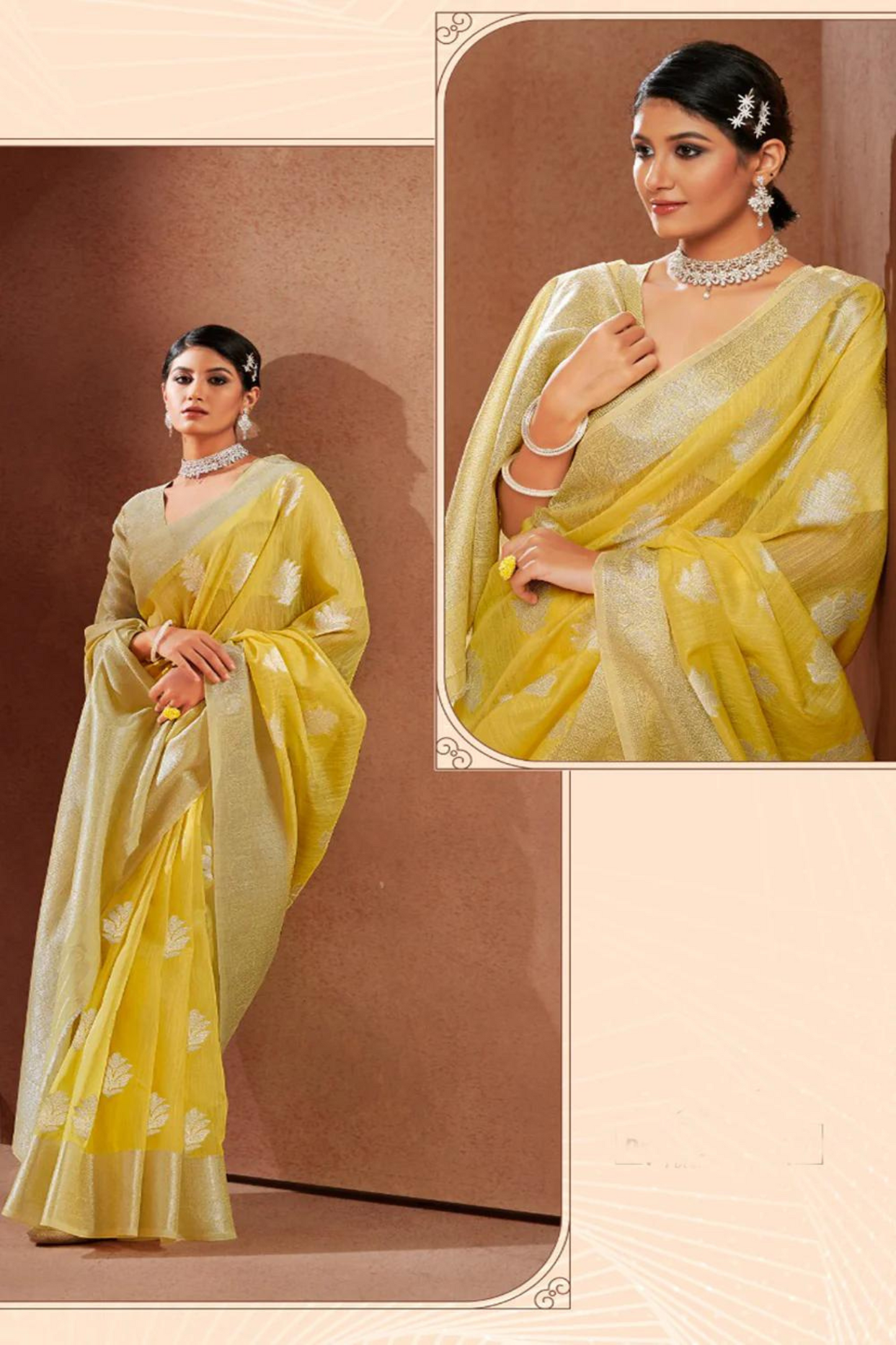 Yellow Linen Silk with Silver Zari Weaving Border