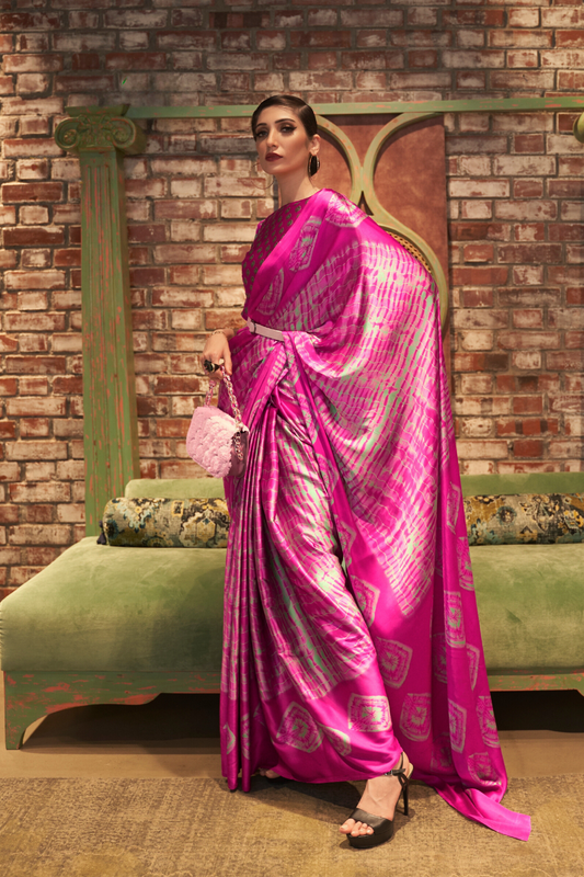 Magenta Printed Satin Crepe Saree