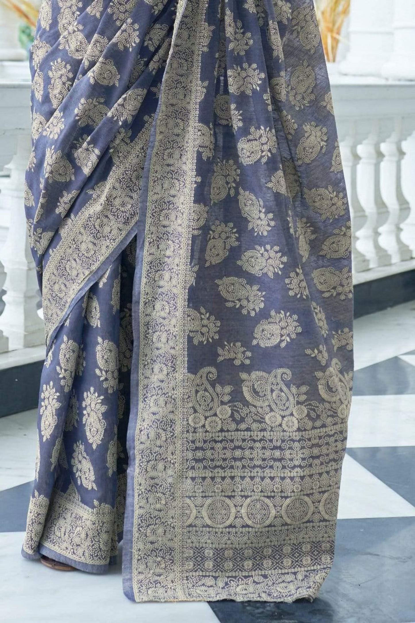 Navy Blue Designer Lucknowi Cotton Saree with Chikankari Work