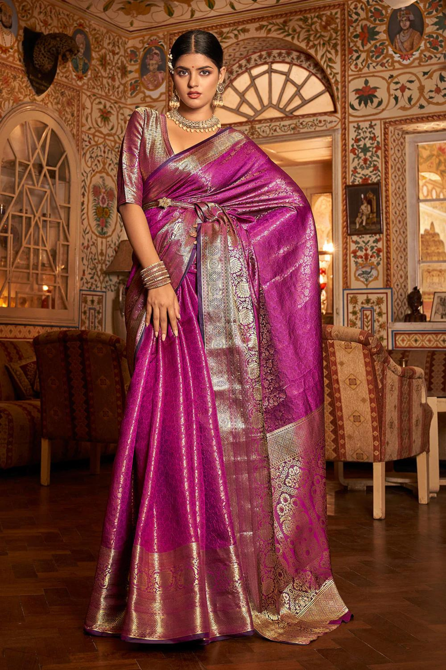 Mulberry Purple Pure Kanjivaram Silk with Bronze Zari Weaving