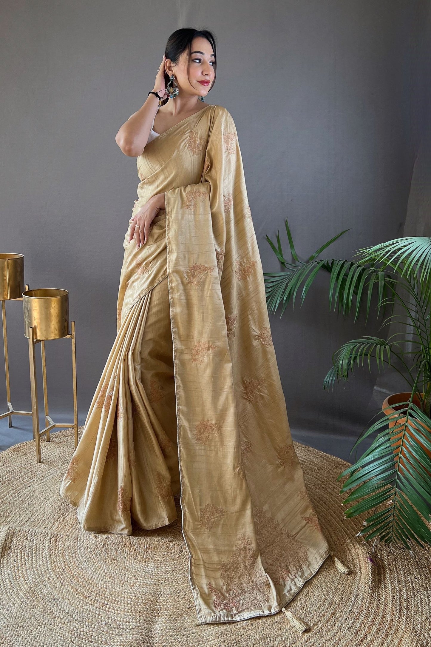 Golden Embroidered Art Silk Saree