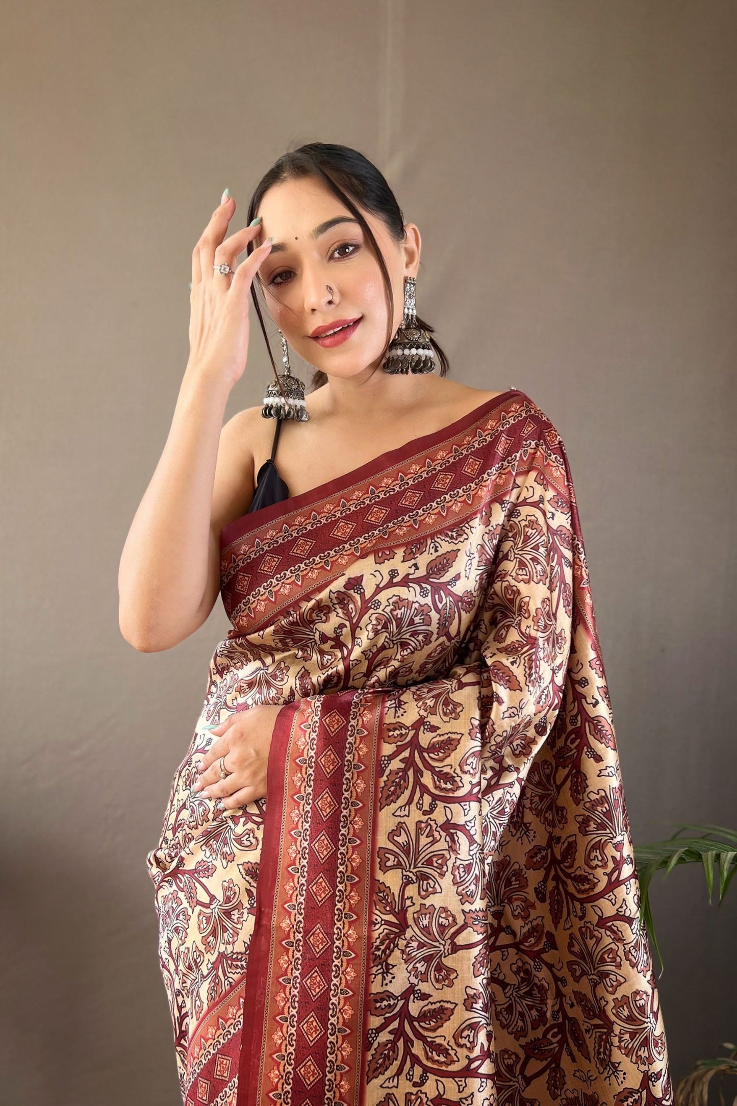 Cream Digital Printed Silk Saree