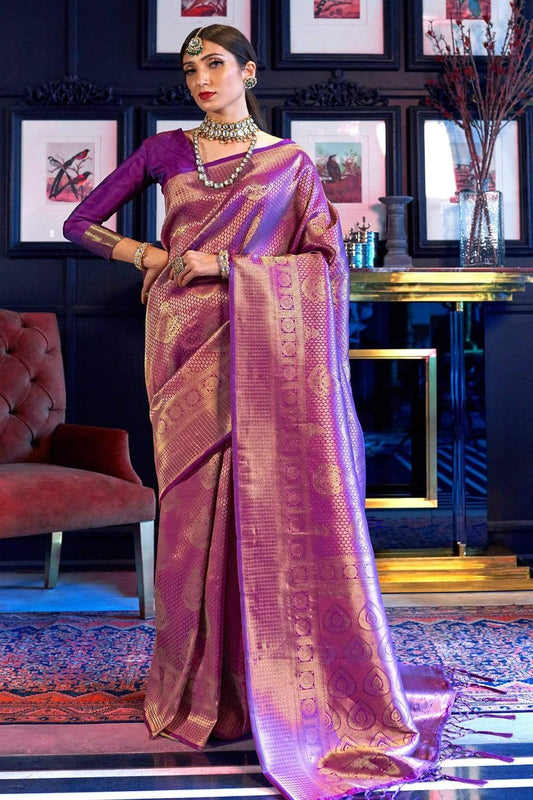 Wine Purple Premium Banarasi Soft Silk Saree with Hand Woven Work