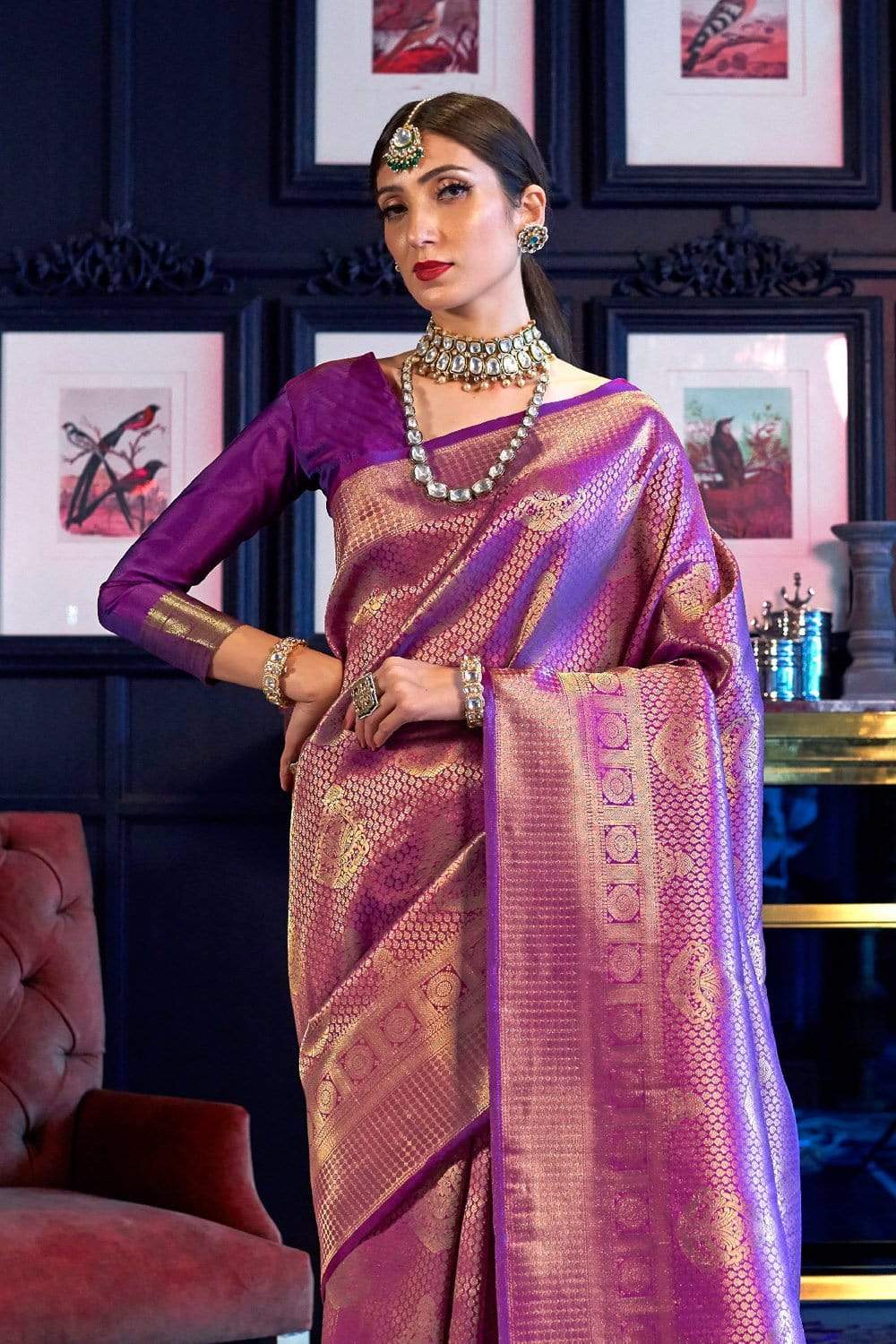 Wine Purple Premium Banarasi Soft Silk Saree with Hand Woven Work