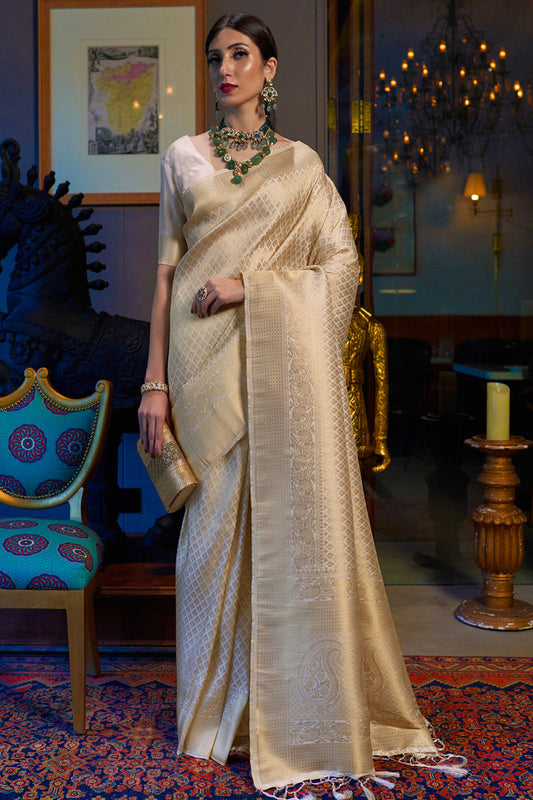 Pearl White Premium Banarasi Soft Silk Saree with Hand Woven Work