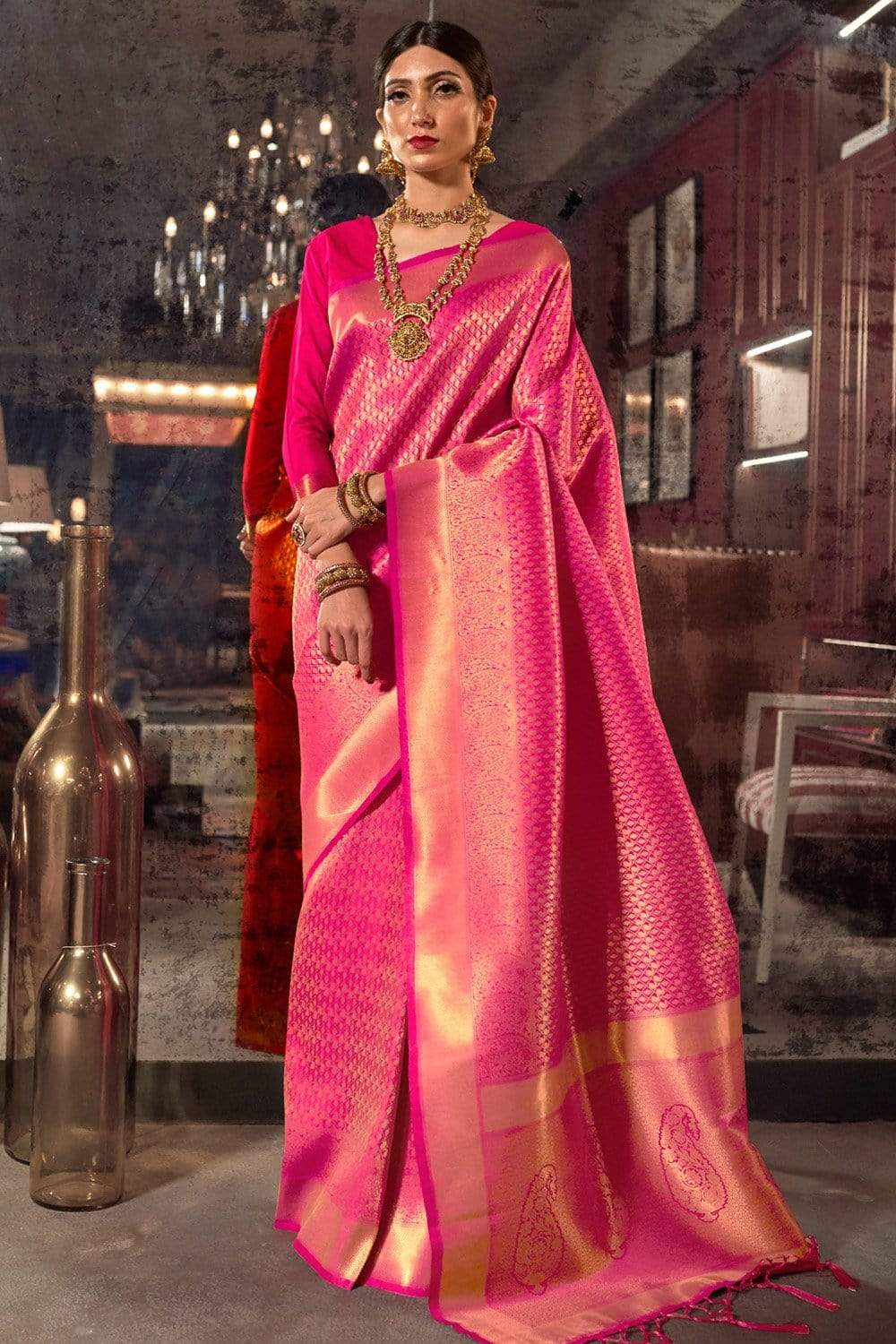 Pink Premium Banarasi Soft Silk Saree with Hand Woven Work