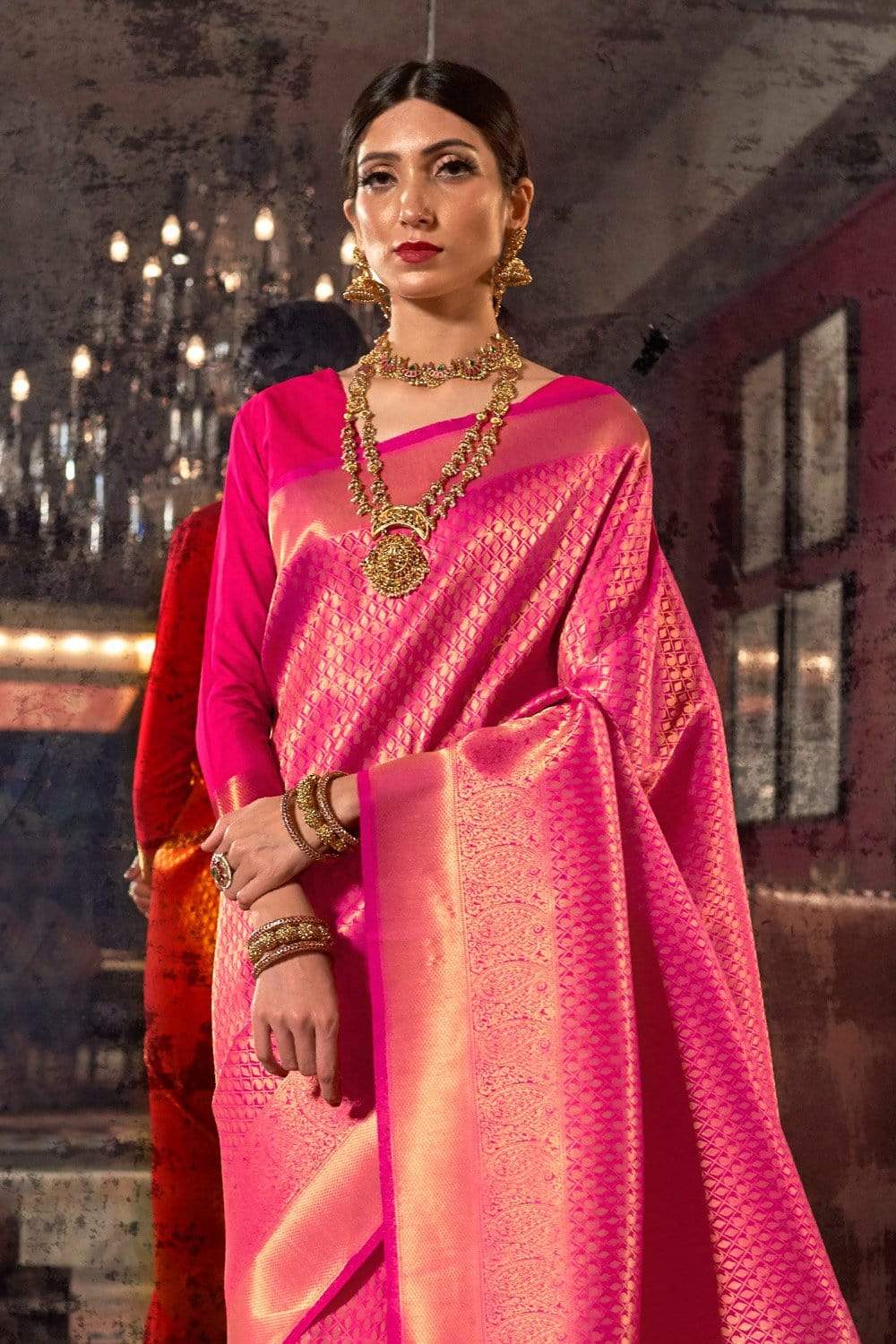 Pink Premium Banarasi Soft Silk Saree with Hand Woven Work