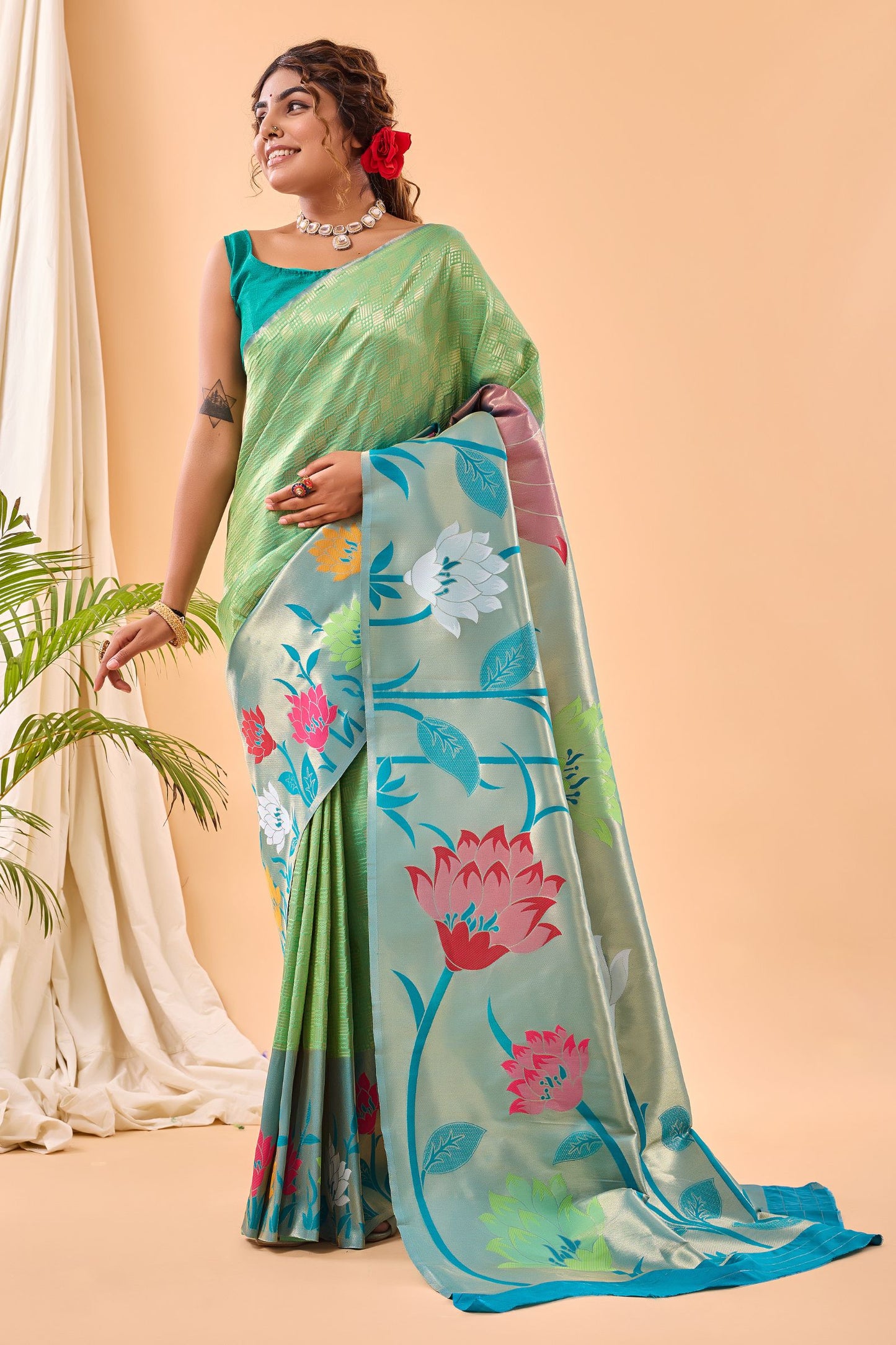 Pista Green Paithani Silk Saree with Big Beautiful Border