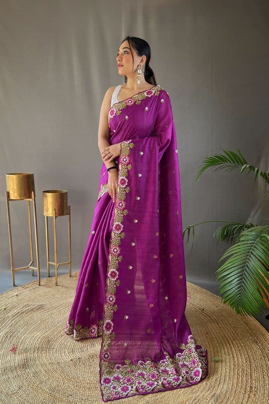 Purple Embroidered Pure Tussar Silk Saree