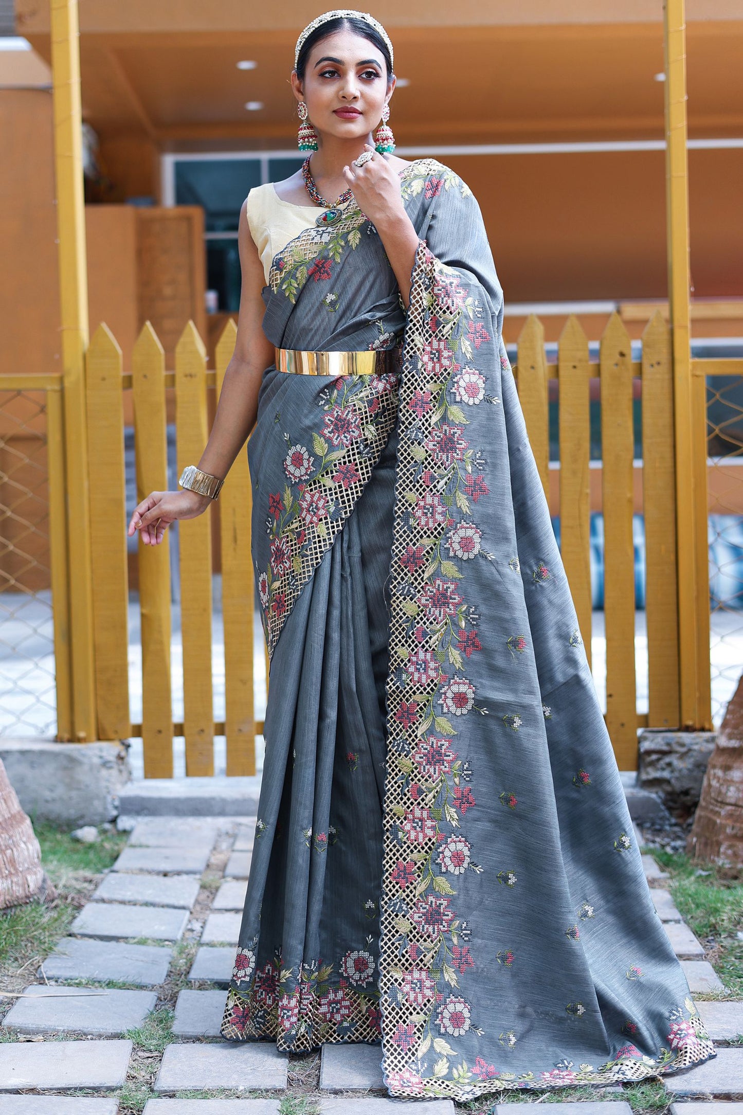 Smokey Grey Embroidered Pure Mark Silk Saree with Cutwork Border