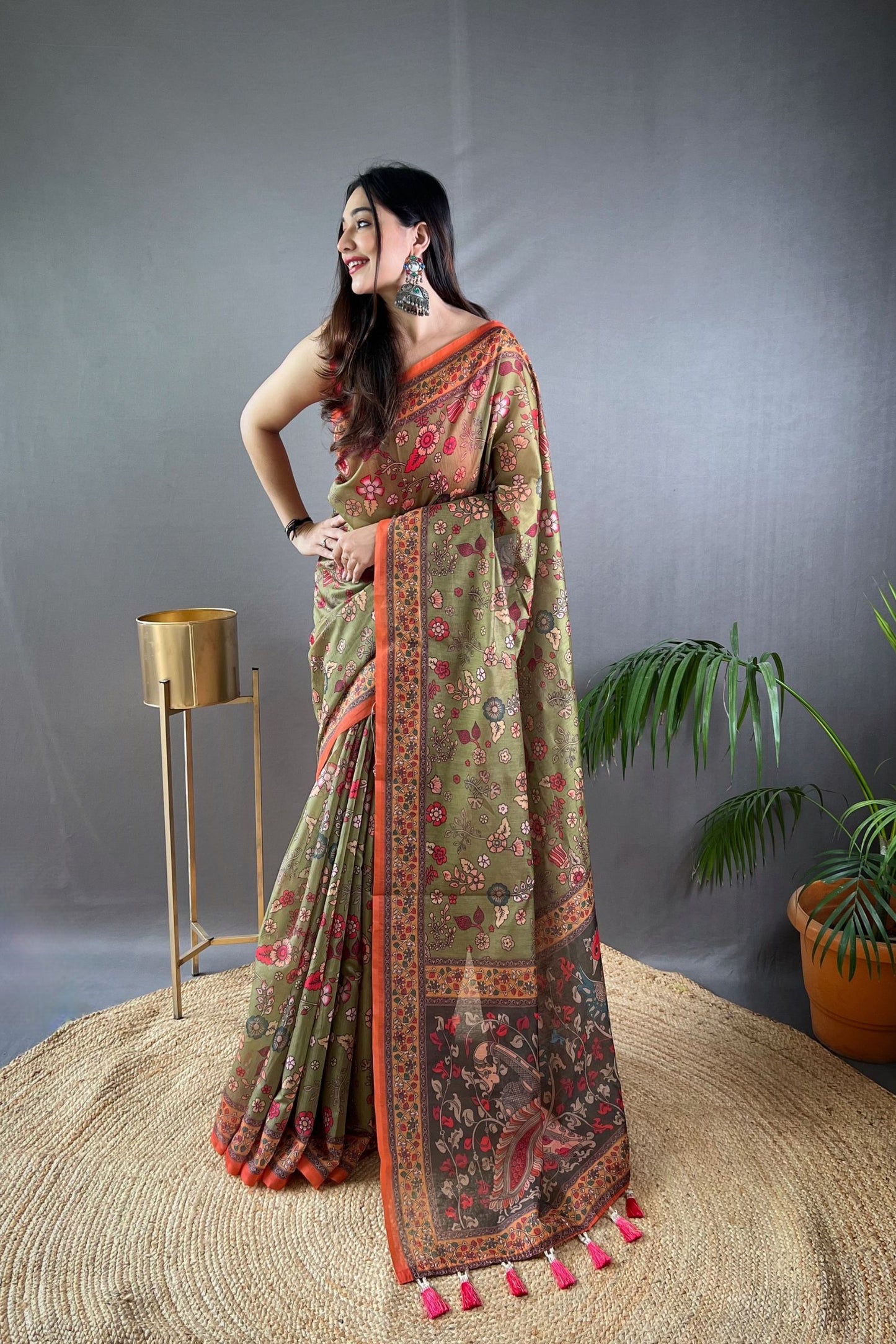 Mehndi Kalamkari Printed Malai Cotton Saree