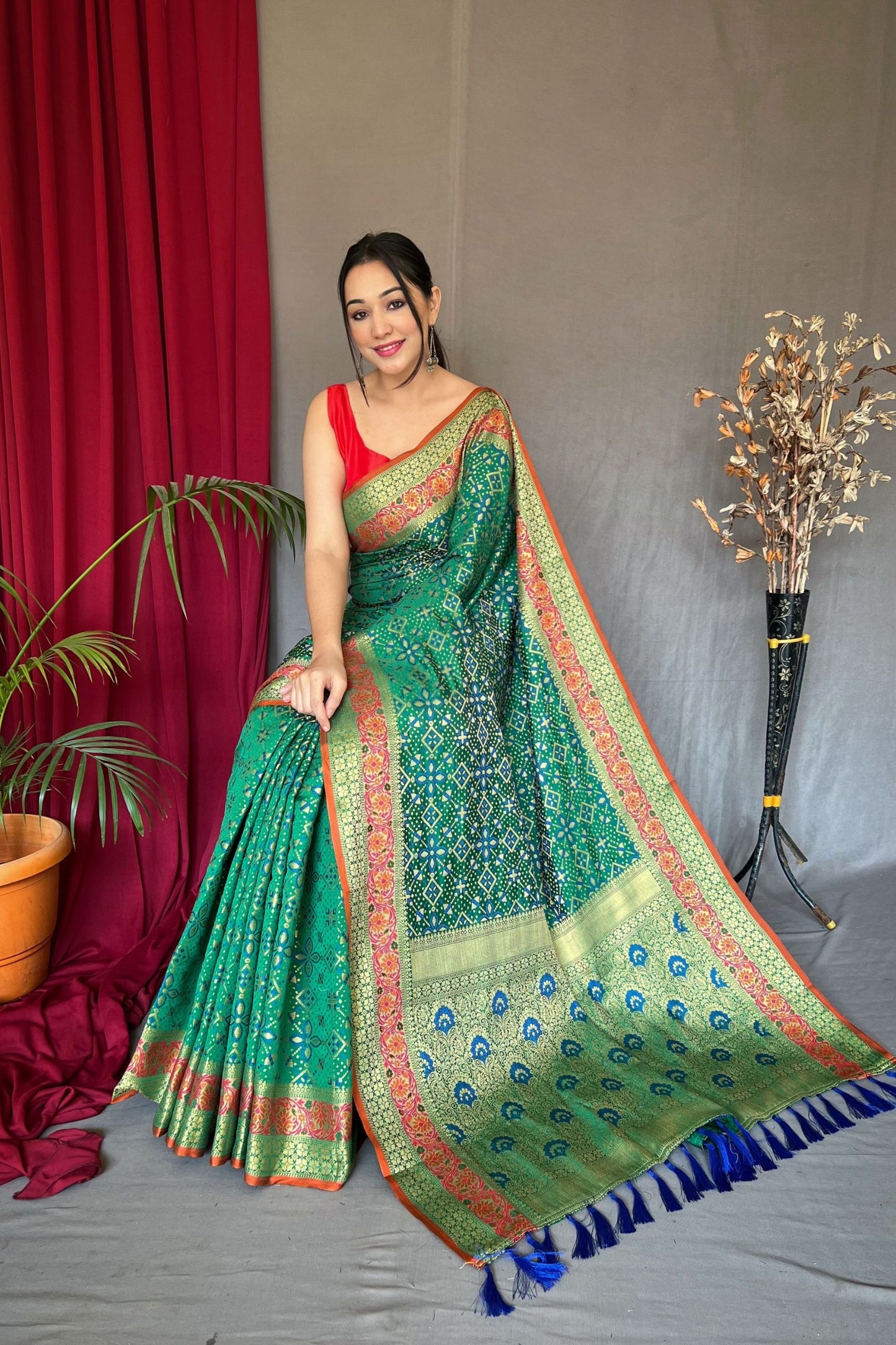 Green Patola Silk Saree with Flower Patola Fusion